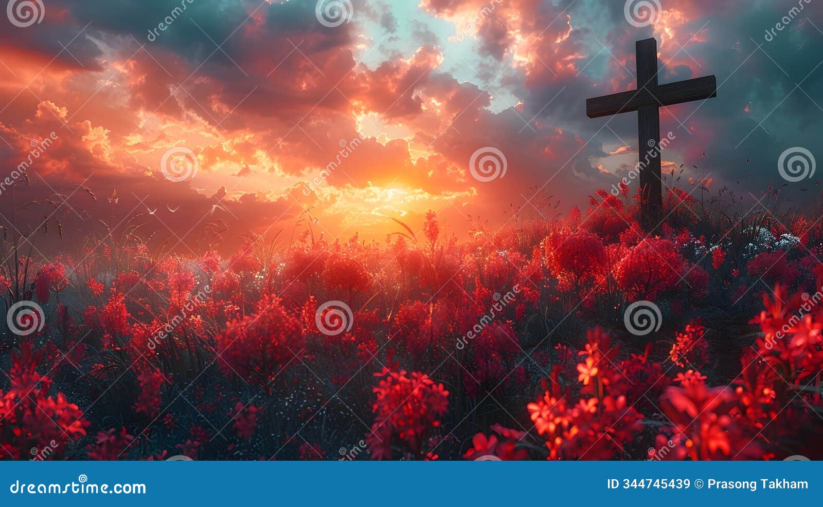 cross in red flowers at sunset in vray style, to convey a message of faith, hope, and resurrection through a beautiful and serene