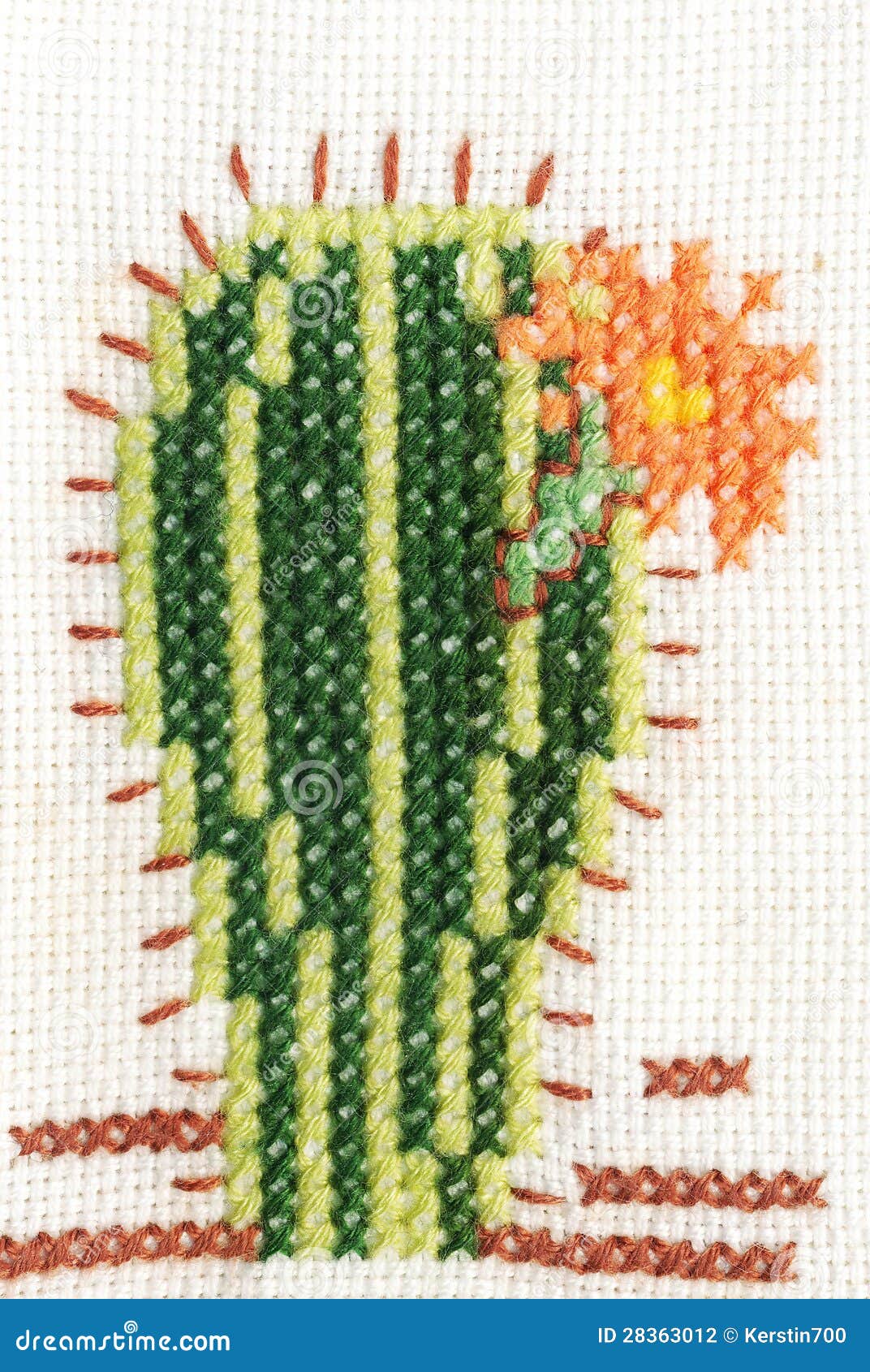 Crossstitch Embroidery of Cactus with Flower Stock Photo Image of