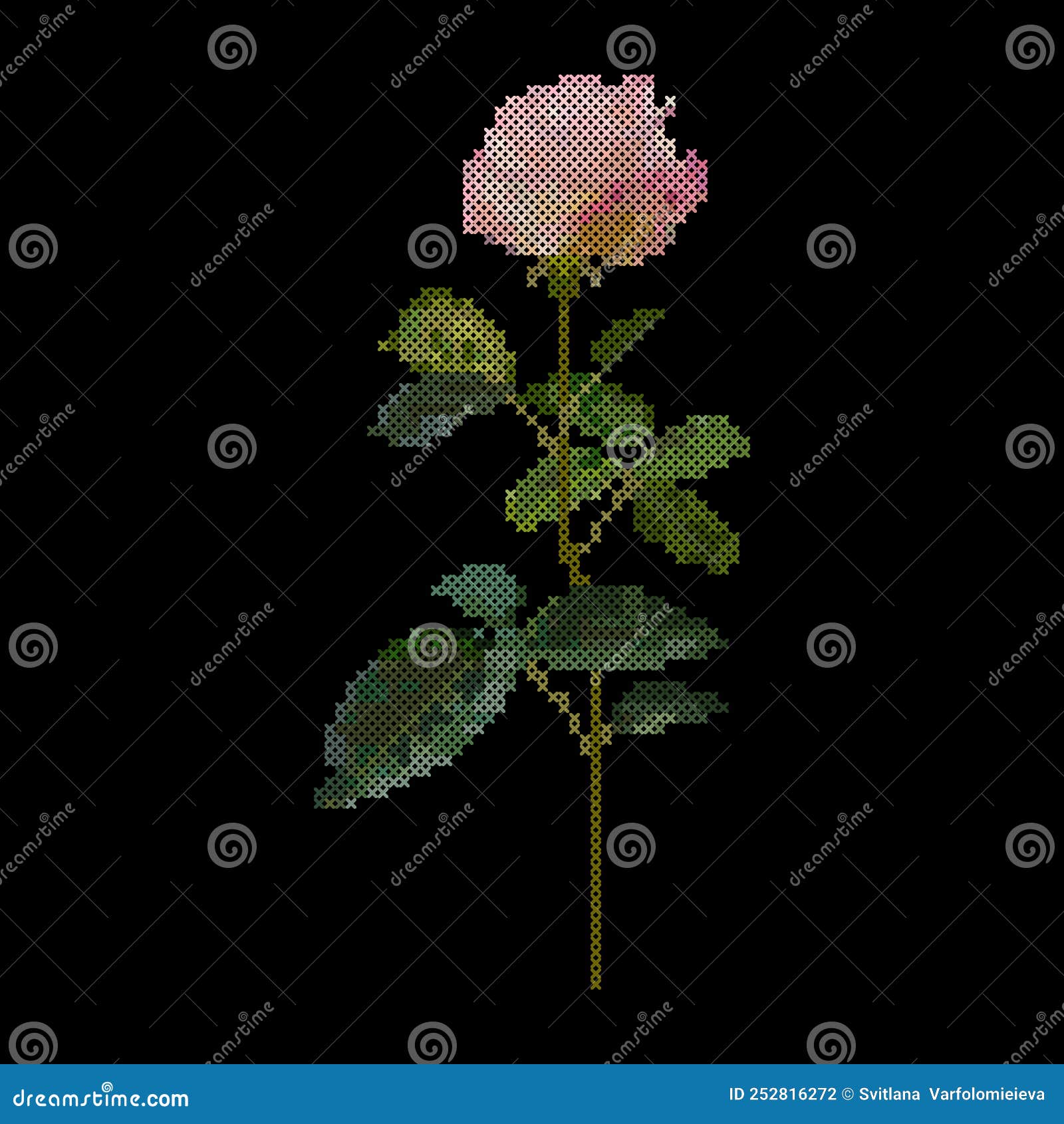 Cross Stitch Rose Flower. Floral Embroidery Pattern, Vector