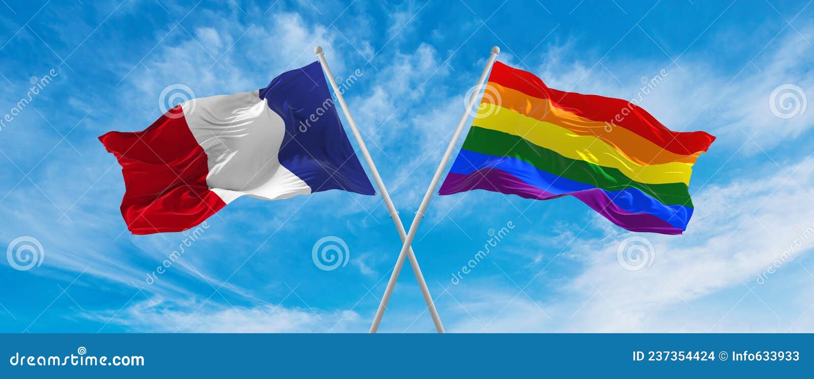 Crossed National Flags of France and LGBT Pride Flag Waving in the Wind ...