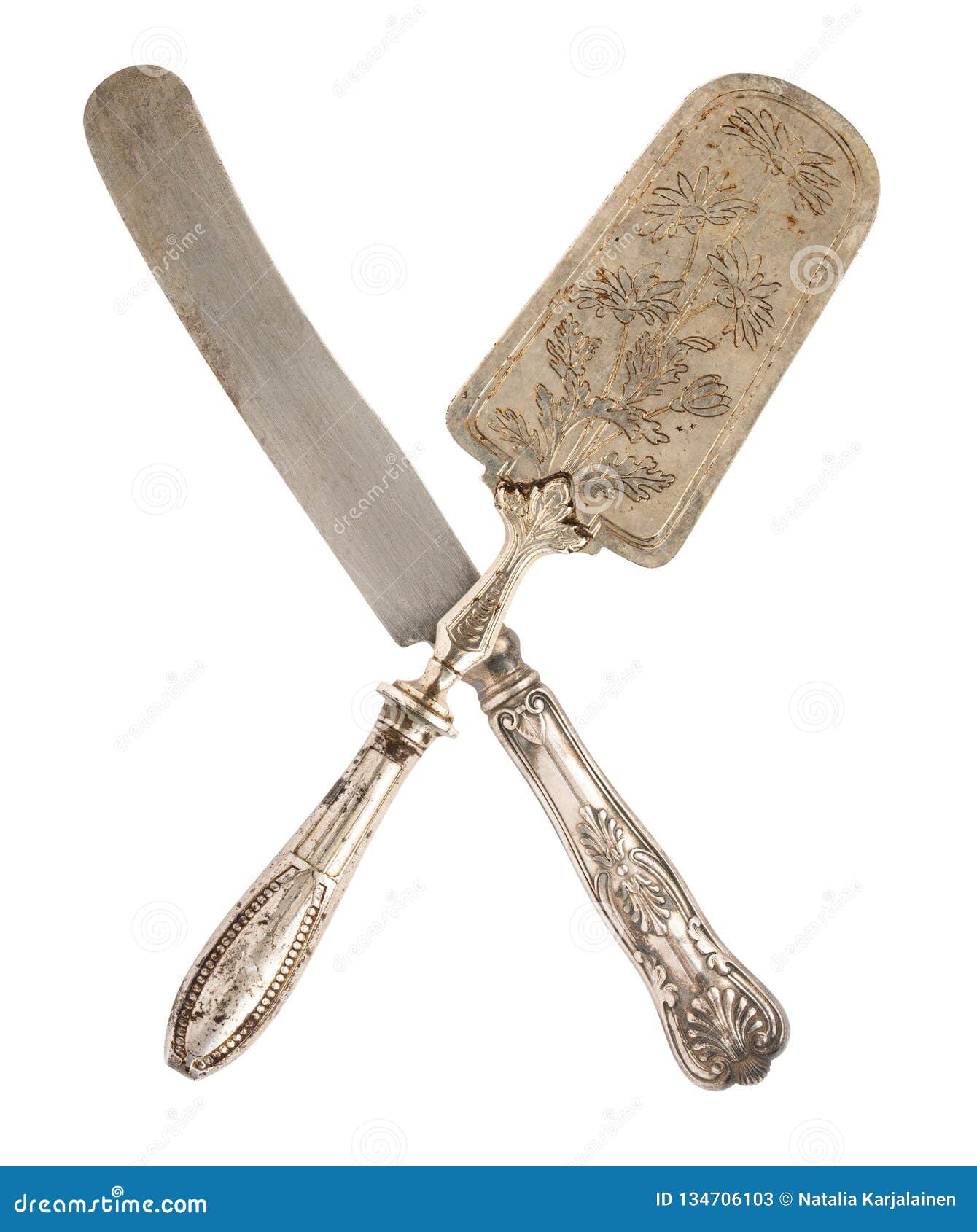 Crossed Vintage Knife and Spatula Isolated on White Background Stock