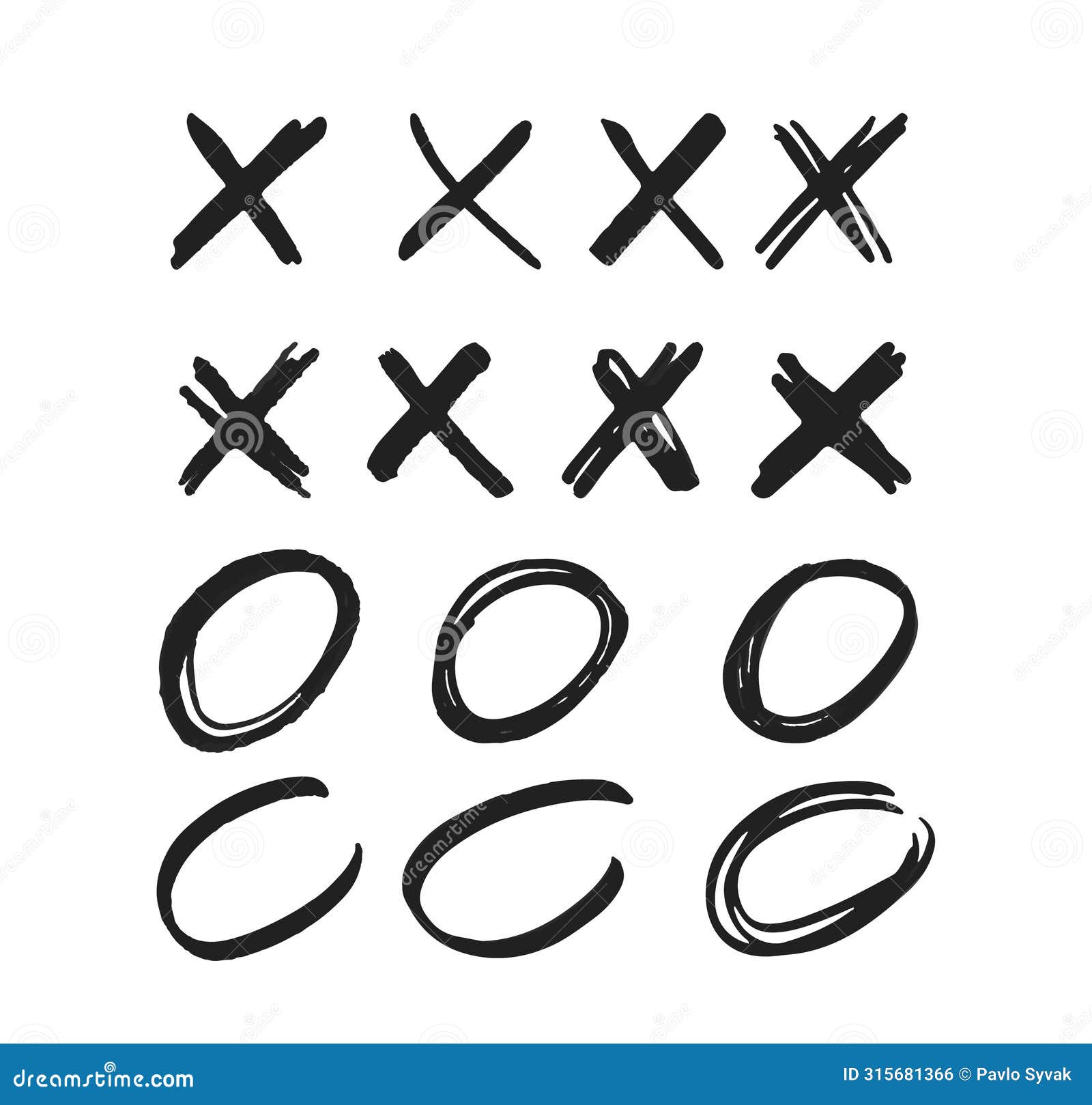 crosses and circles manuscript marks.   monochrome x or o signs on white background. writing s