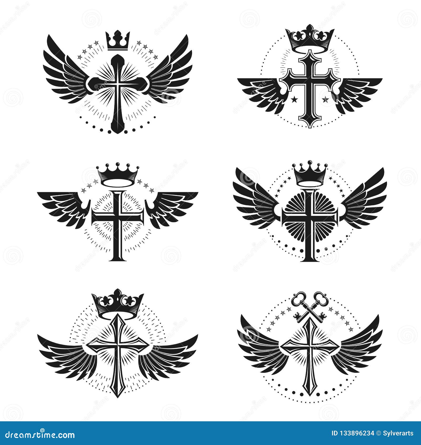 Crosses Religious Emblems Set. Heraldic Coat of Arms, Vintage Vector