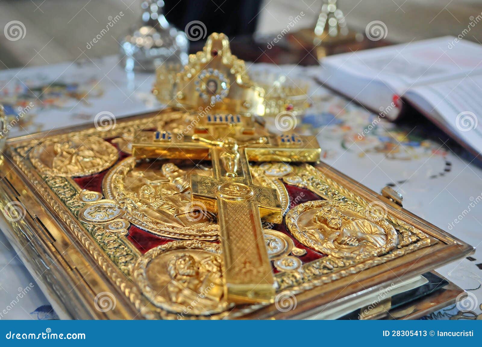 Crosses ,rings and Crowns of Gold on the Table in Stock Image Image
