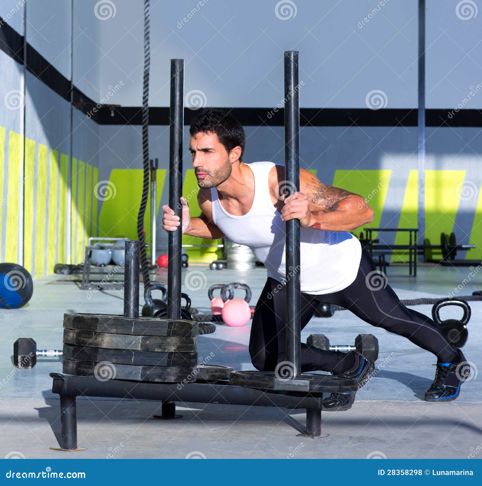 Crossfit Sled Push Man Pushing Weights Workout Stock Photo Image of