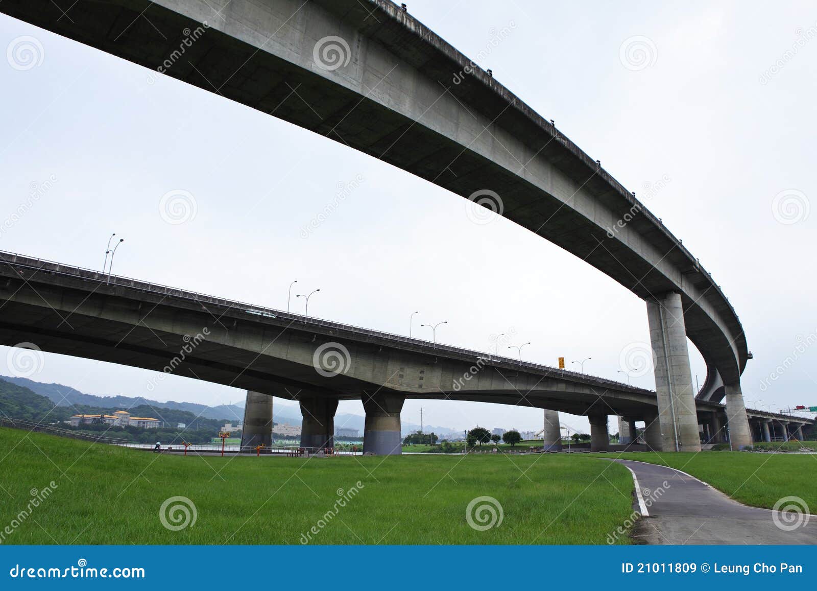 Crossing highway overhead. Crossing highway and freeway system overhead