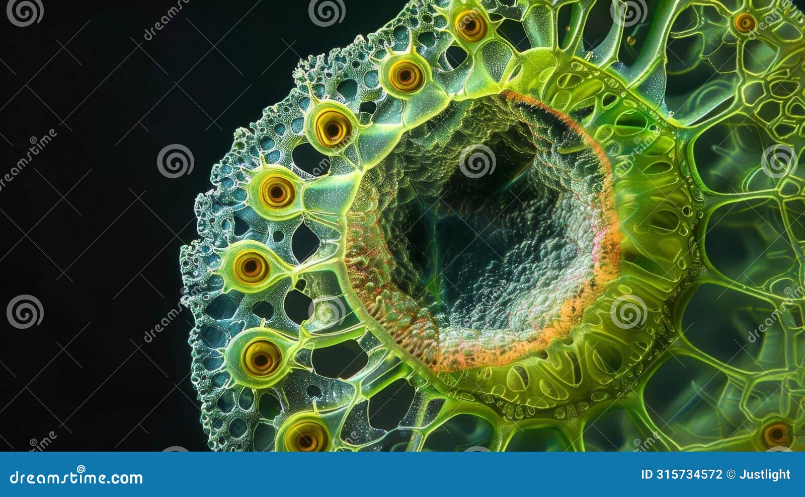a crosssection of an algal cell revealing its internal structures including a dense and complex nucleus at the center. .