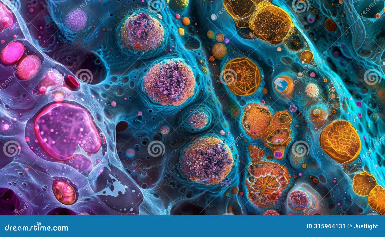 a crosssection of a bone cell revealing its dense and organized structure with brightly colored organelles such as