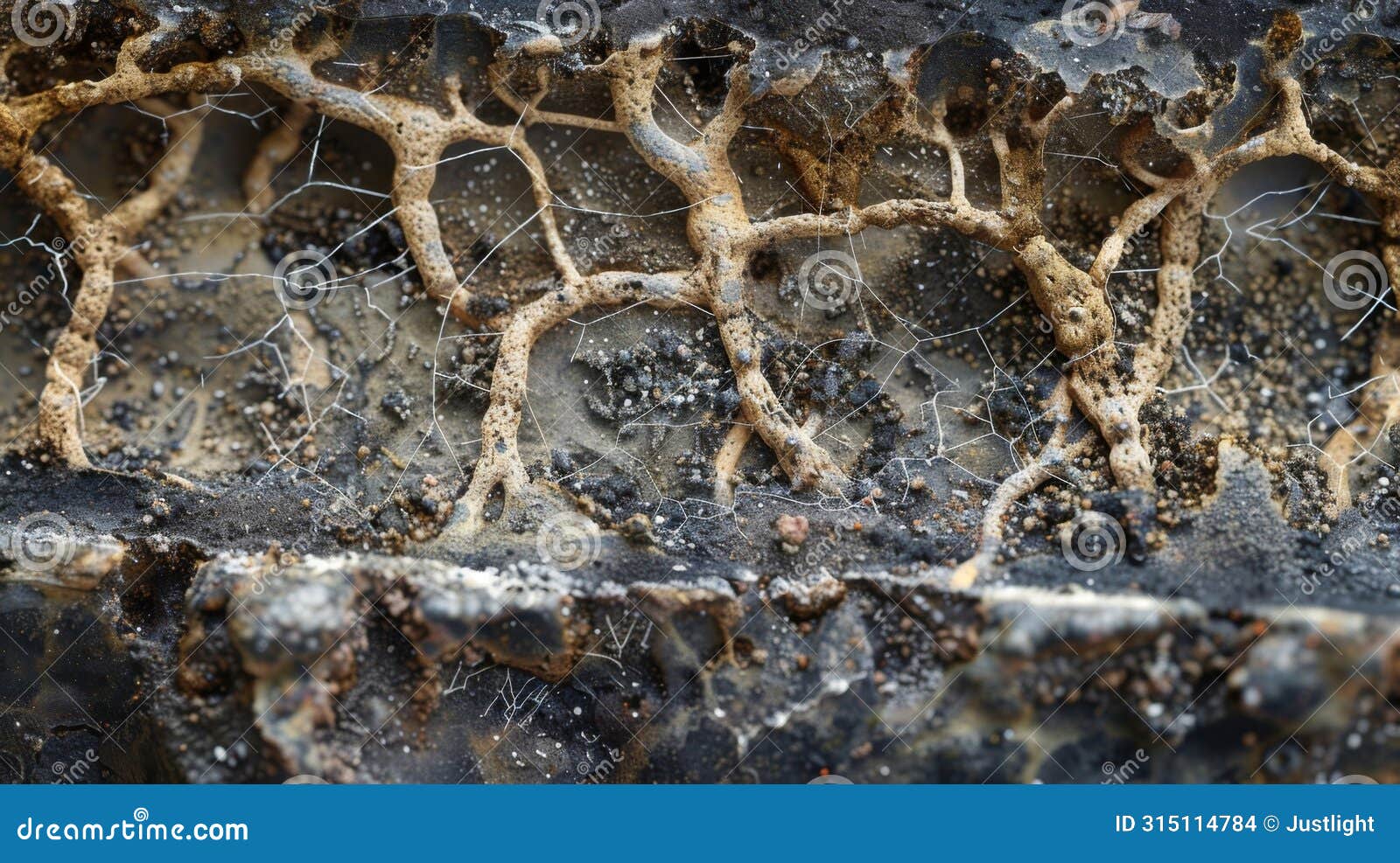 a crosssection view of the soil revealing the intricate web of mycelium connecting plant roots and decomposing organic