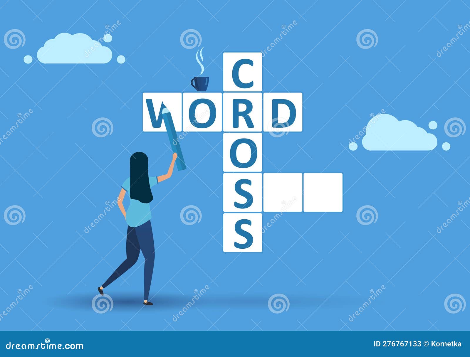 Crossword Concept. Tiny Characters Solve Huge Crossword Filling Empty