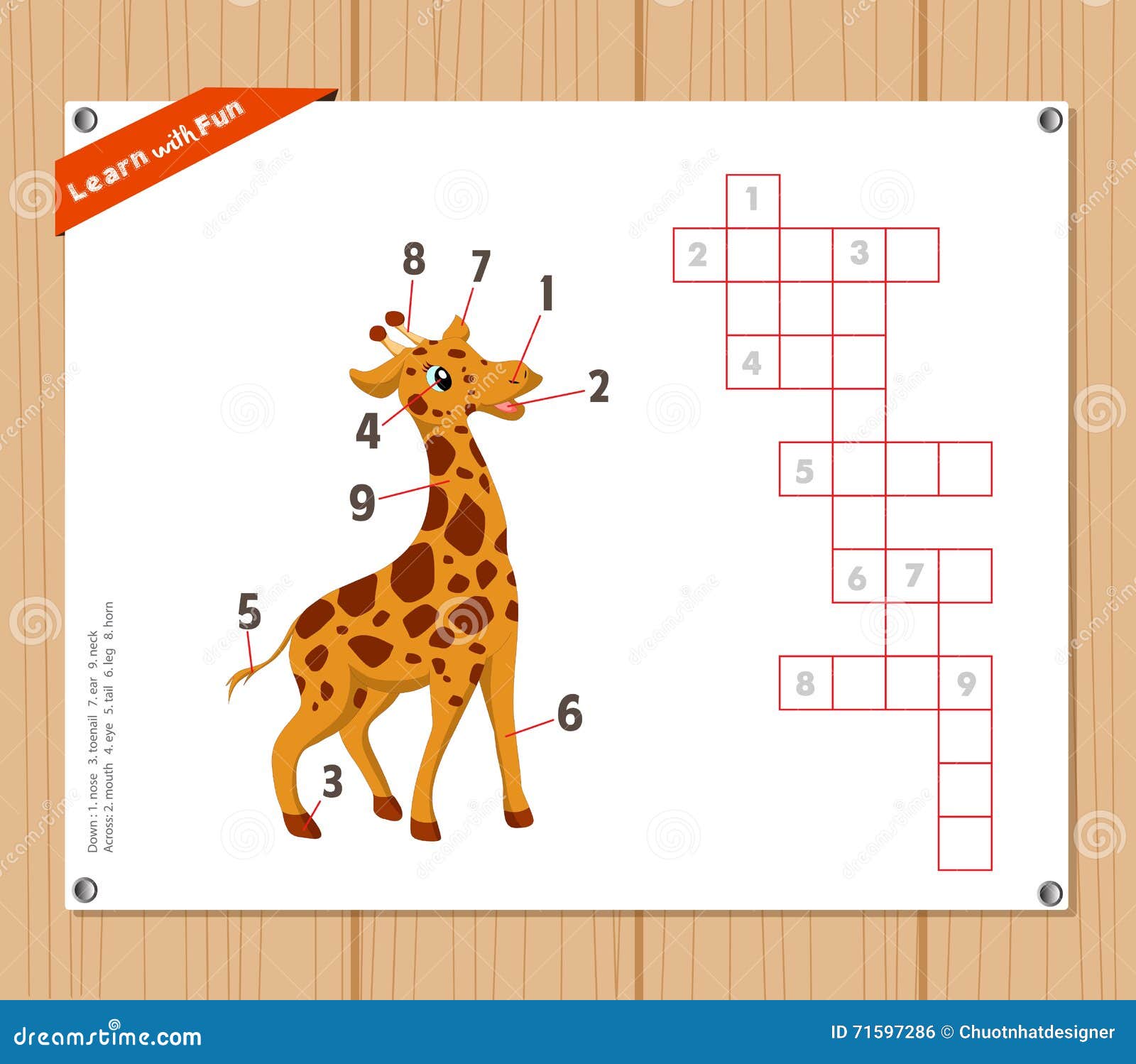 Crossword, Education Game for Children about Parts of Giraffe Stock