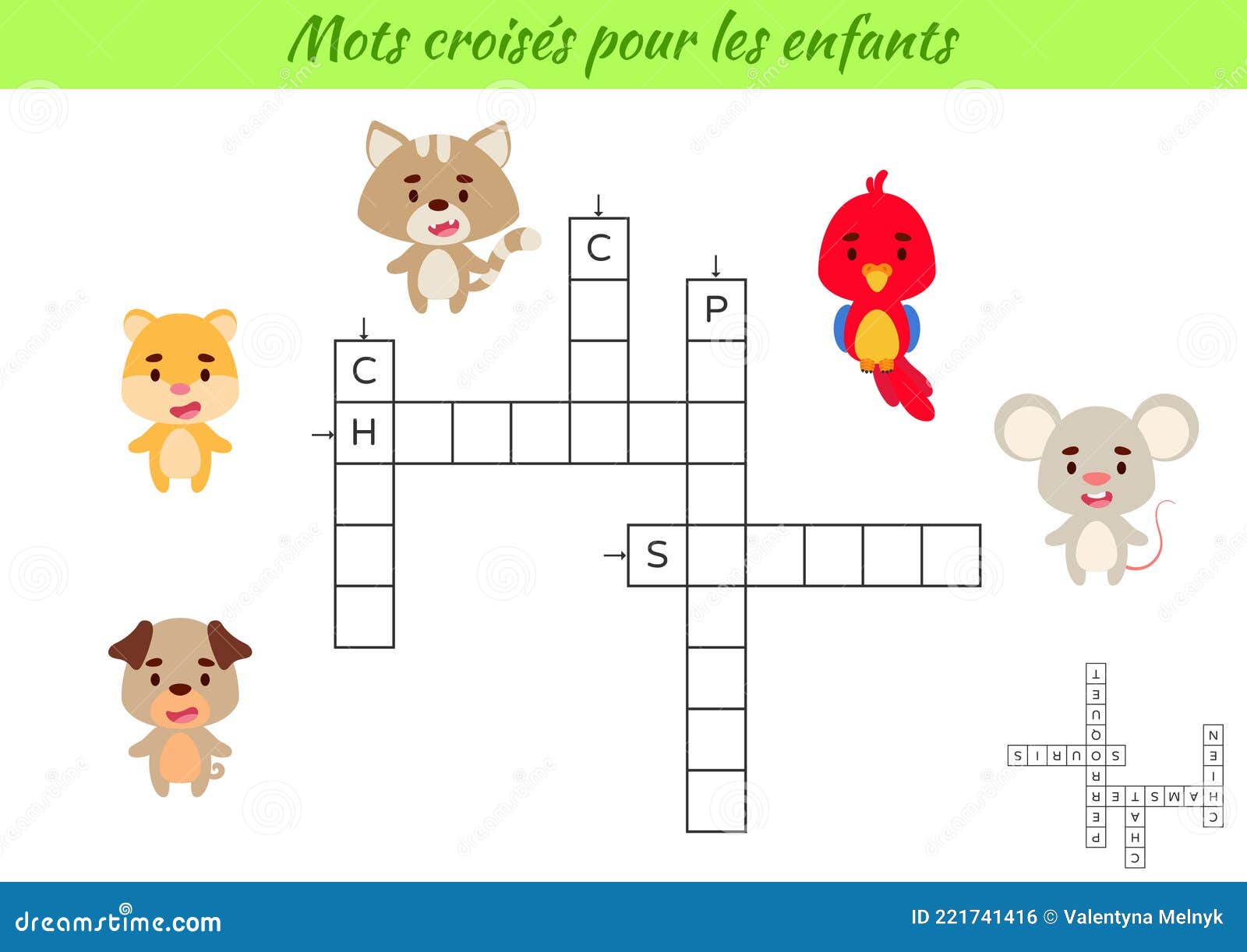 Crossword for Kids in French with Pictures of Animals. Educational Game