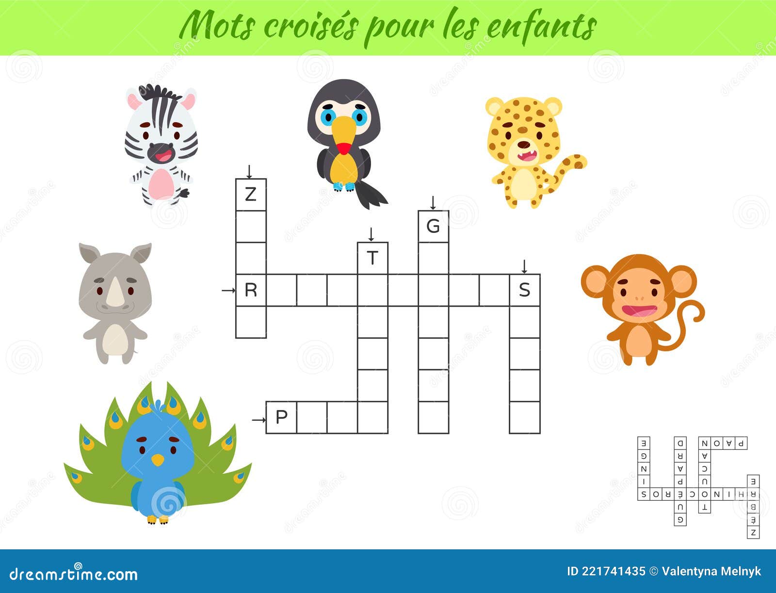 Crossword for Kids in French with Pictures of Animals. Educational Game