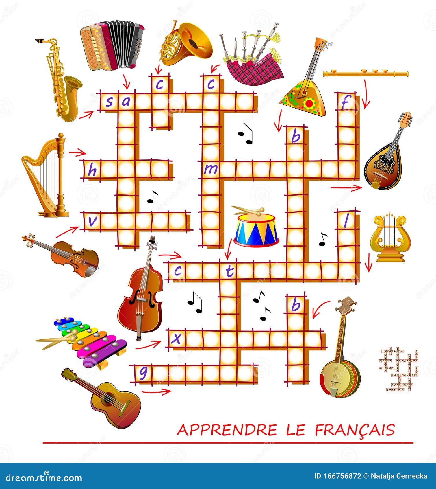 Crossword Puzzle Game Met Muziekinstrumenten Leer Frans Onderwijspagina Voor Om De Franse Taal En Te Leren Vector Illustration of kleuterschool, onderwijs: 166756872