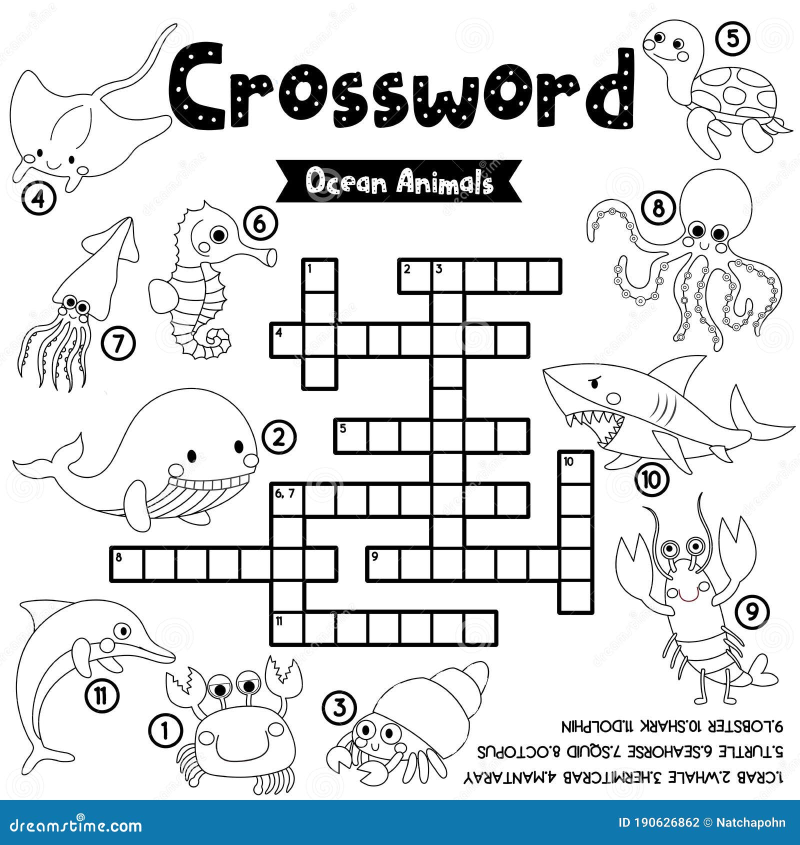 crossword puzzle ocean animals coloring version stock vector illustration of homework kindergarten 190626862