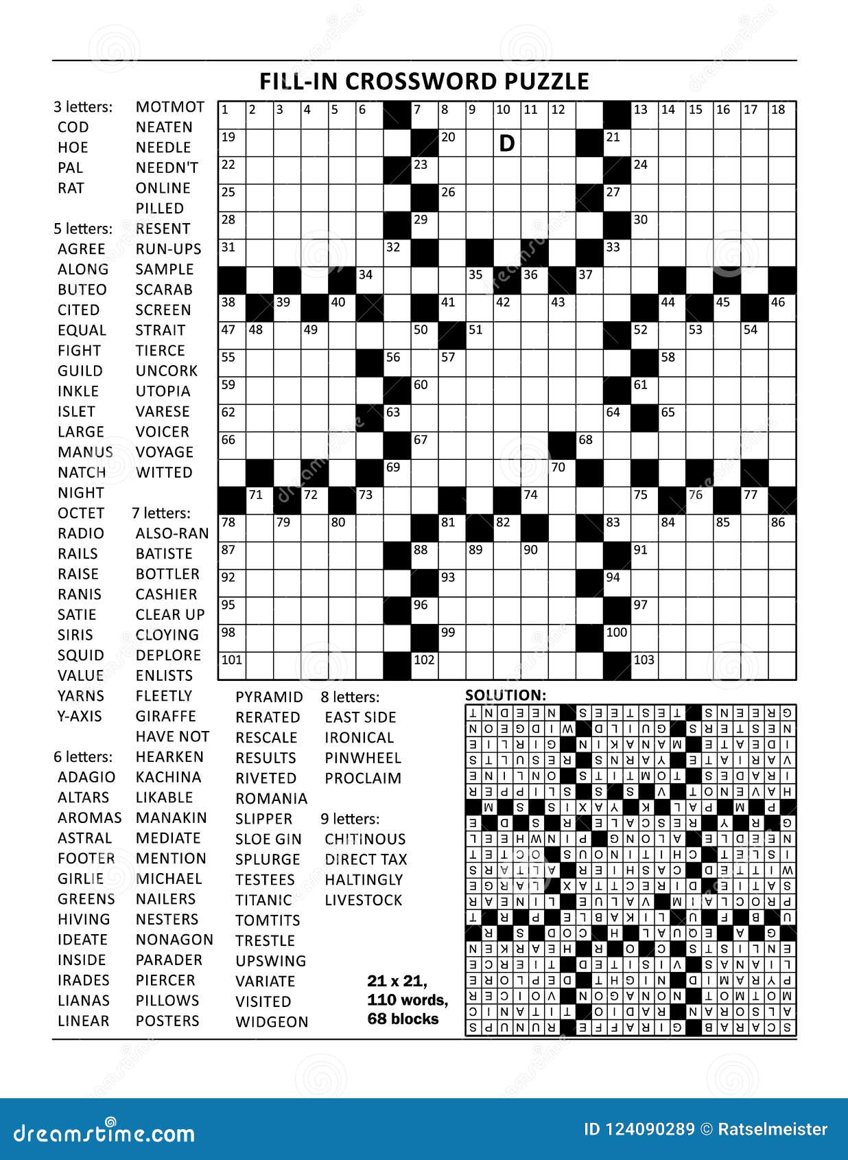 Crossword Puzzle of 21x21 Size and Fill-in Criss-cross, or Kriss