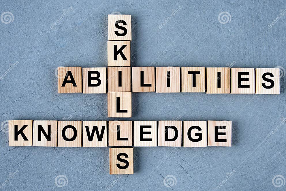 Crossword with Words SKILLS ABILITIES KNOWLEDGE on Wooden Cubes Stock Crossword with Words SKILLS ABILITIES KNOWLEDGE on Wooden Cubes Stock