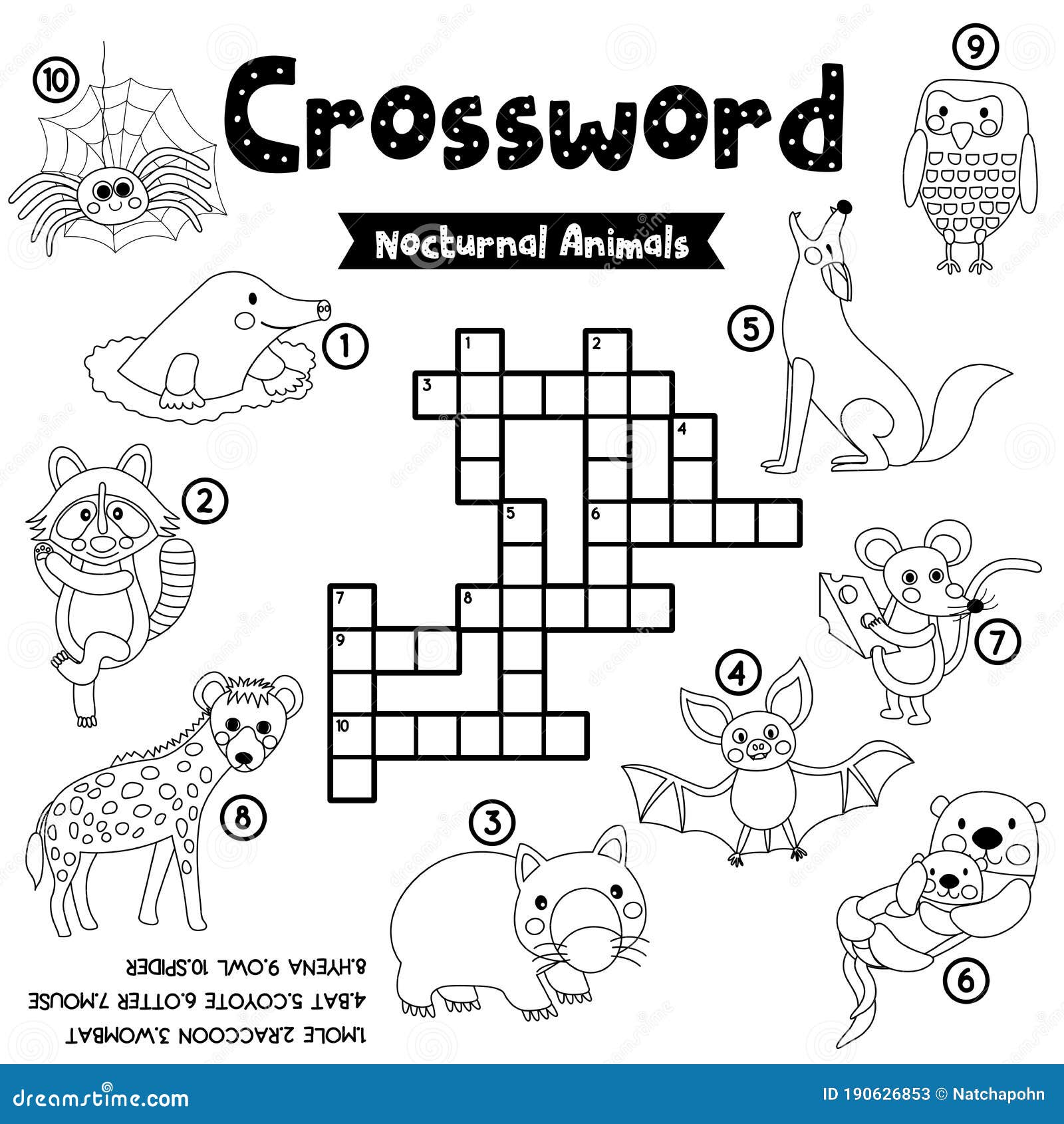 Crossword Puzzle Nocturnal Animals Coloring Version Stock Vector -  Illustration of printable, game: 190626853