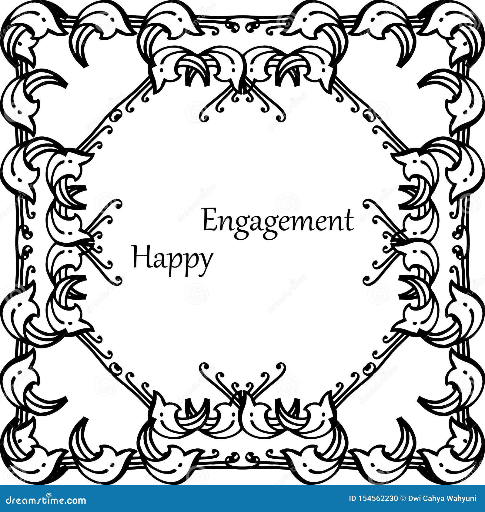 crowd of flower frame, ornate of cards, with lettering of happy engagement. 