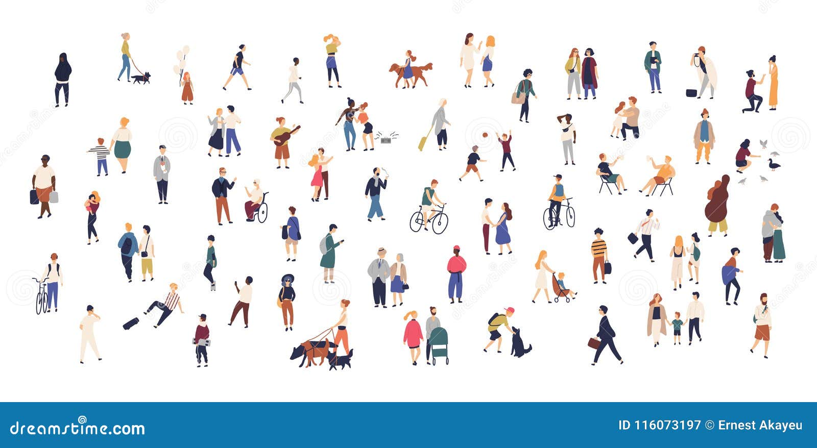 crowd of tiny people walking with children or dogs, riding bicycles, standing, talking, running. cartoon men and women