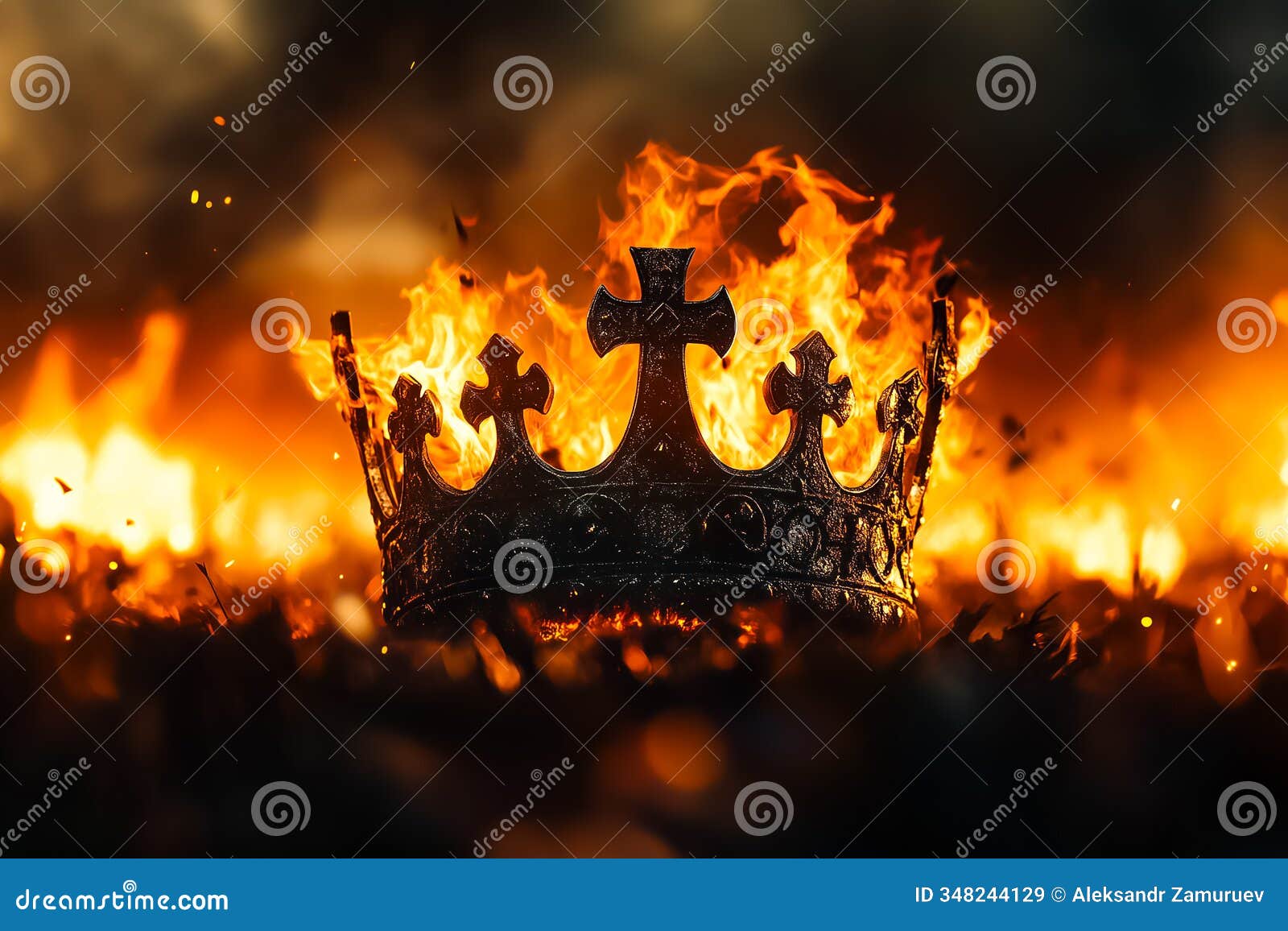a crown engulfed in flames rests on a king's head, izing intense power and impending doom in a fiery setting