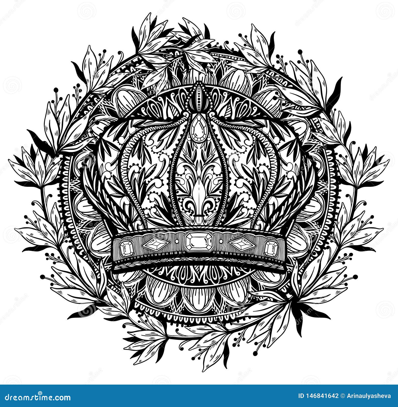 Crown King and Queen Elegant Drawing Art. Black Color in White