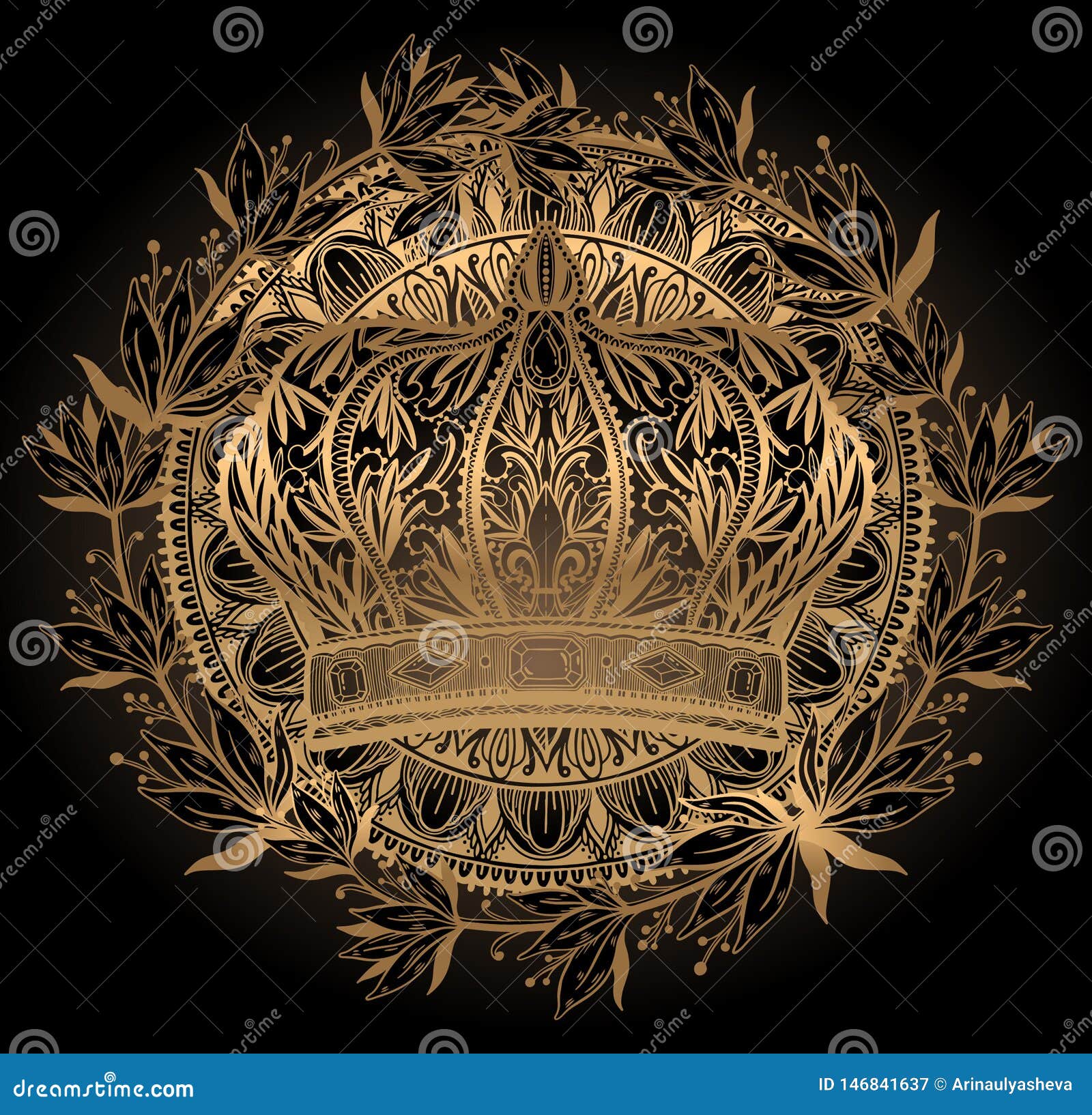 Crown King And Queen Elegant Drawing Art Gold Color In Black