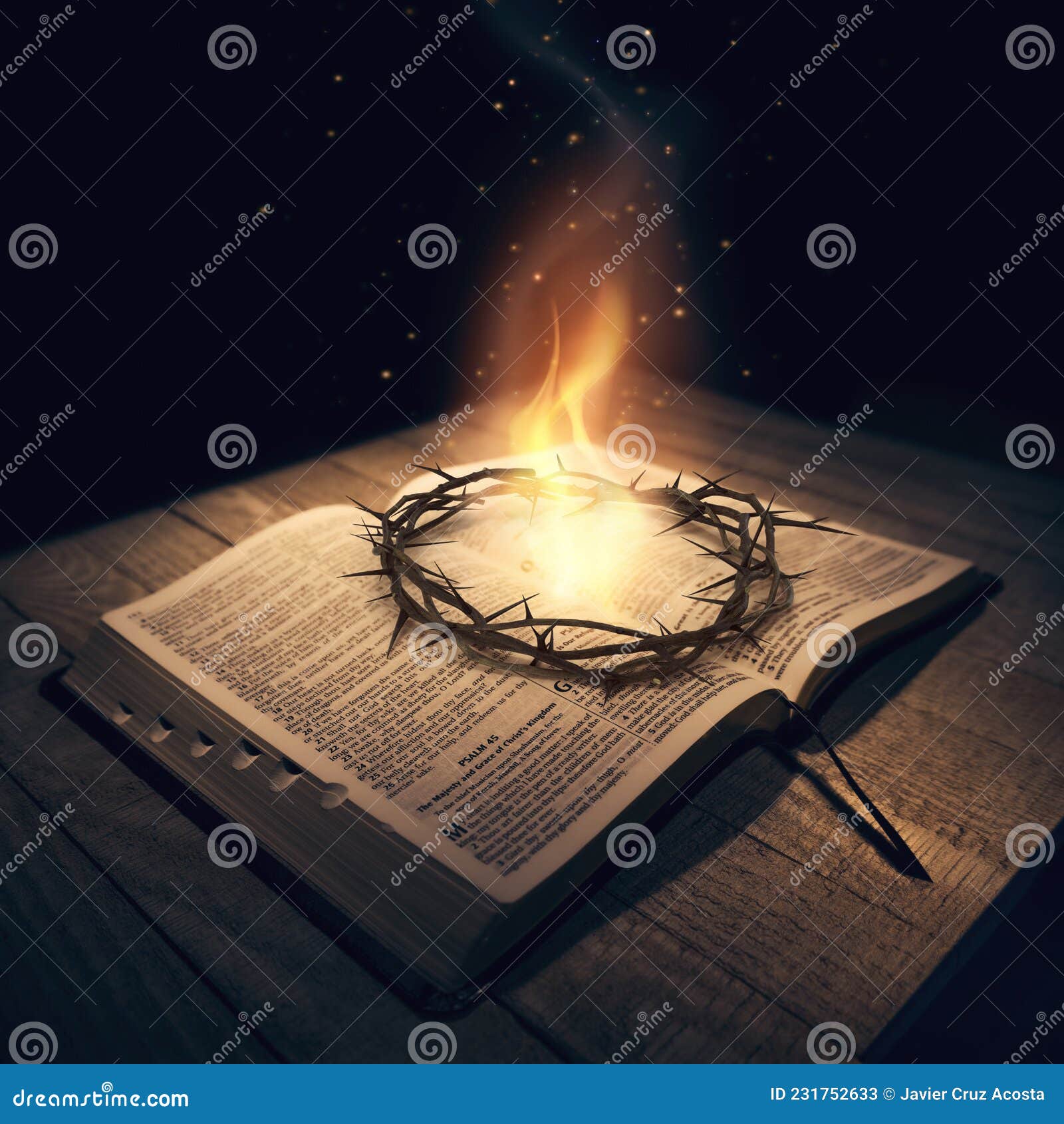 Crown of Thorns on Top of the Bible with a Flame Stock Image - Image of