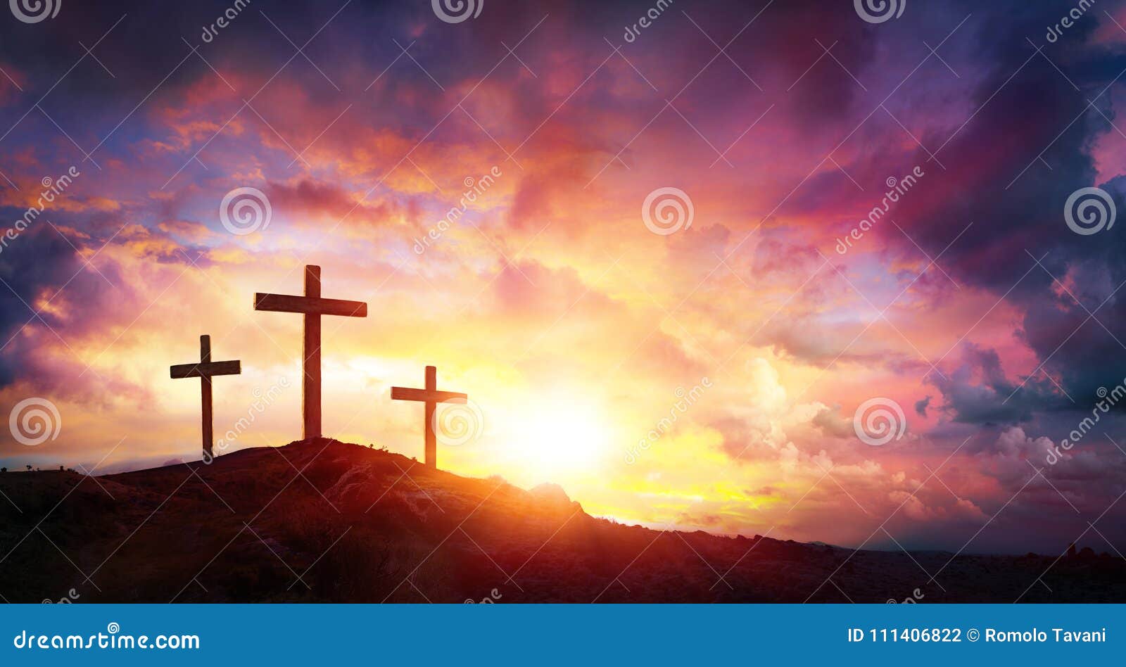 crucifixion of jesus christ at sunrise - three crosses