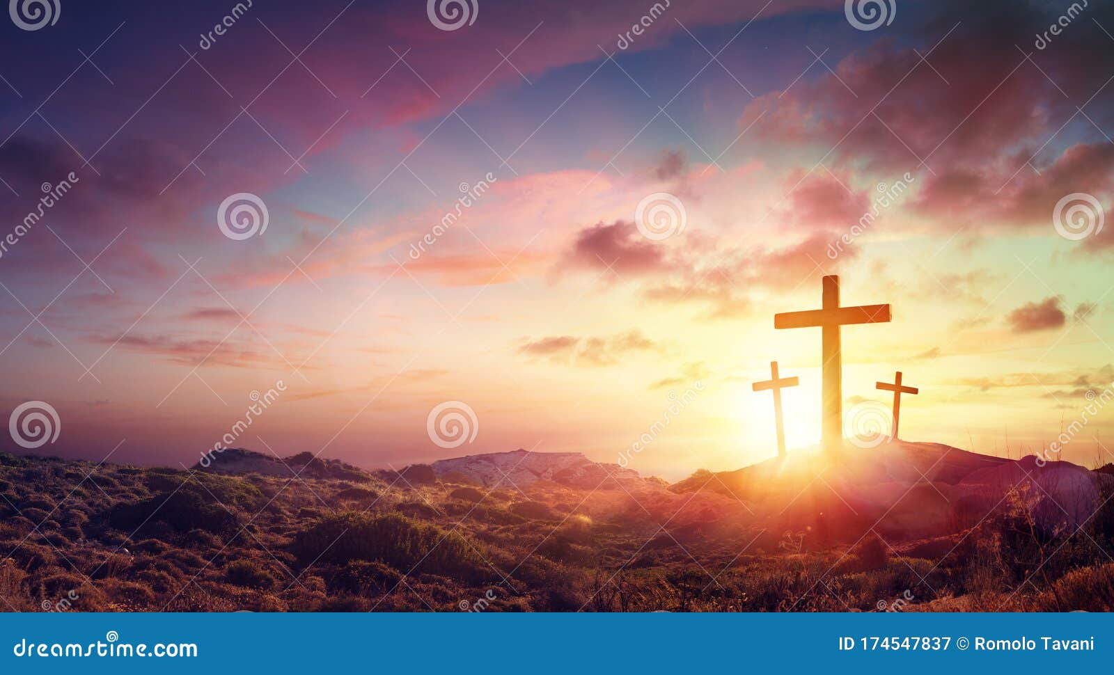 crucifixion of jesus christ three crosses on hill