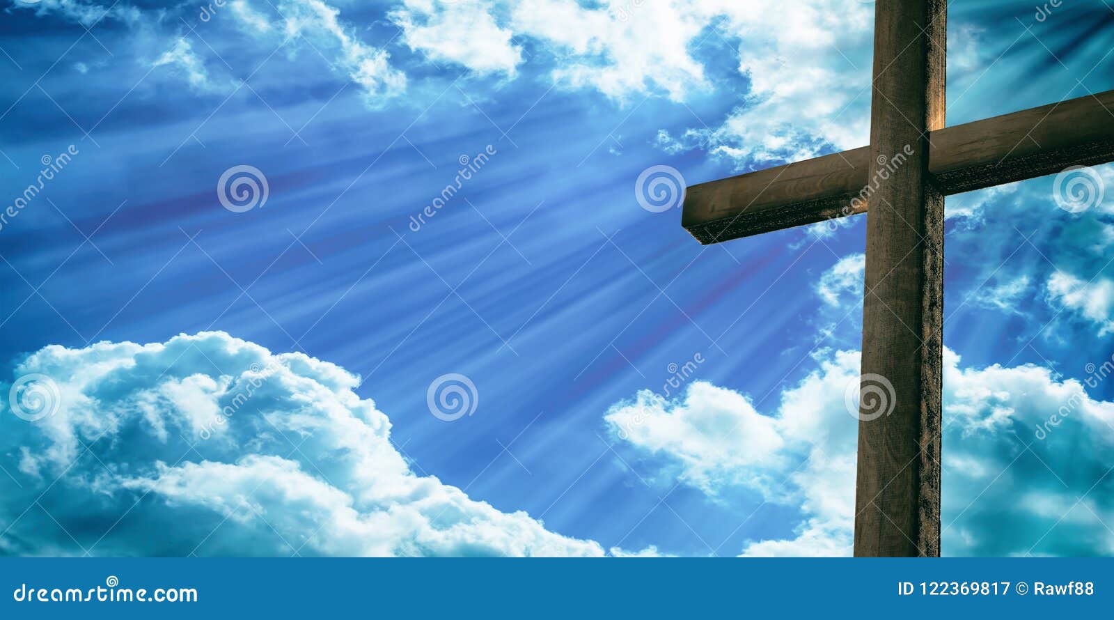 Crucifixion of Jesus Christ, Wooden Cross, Blue Sky Background. 3d ...