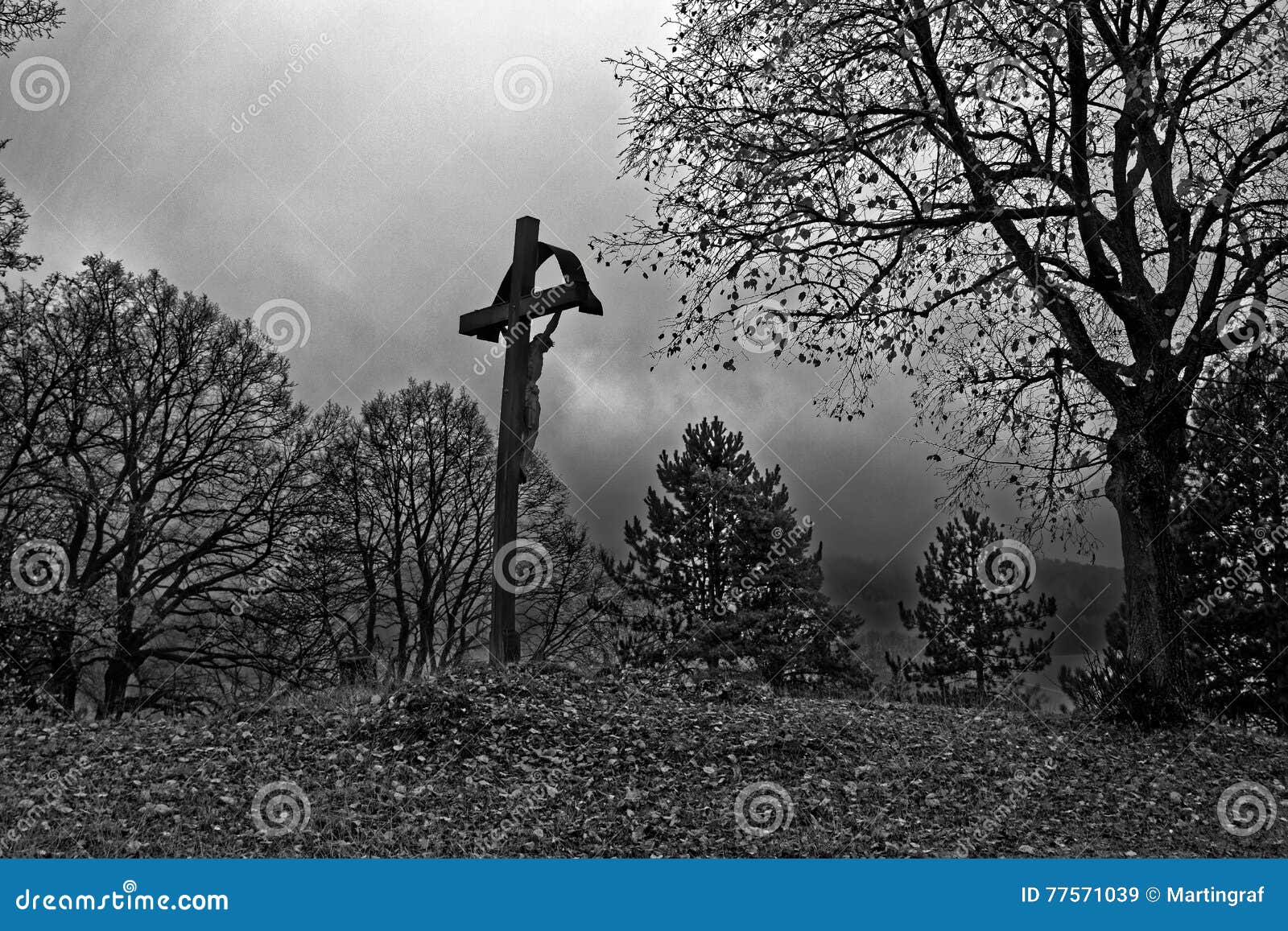 crucifixion landmark in bleak landscape good friday scene, monochrome image