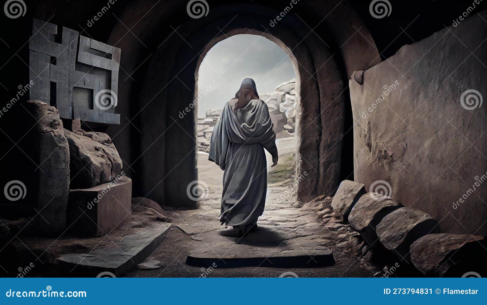 Crucifixion and Resurrection. Jesus Walking Out from the Empty Tomb. Easter or Resurrection