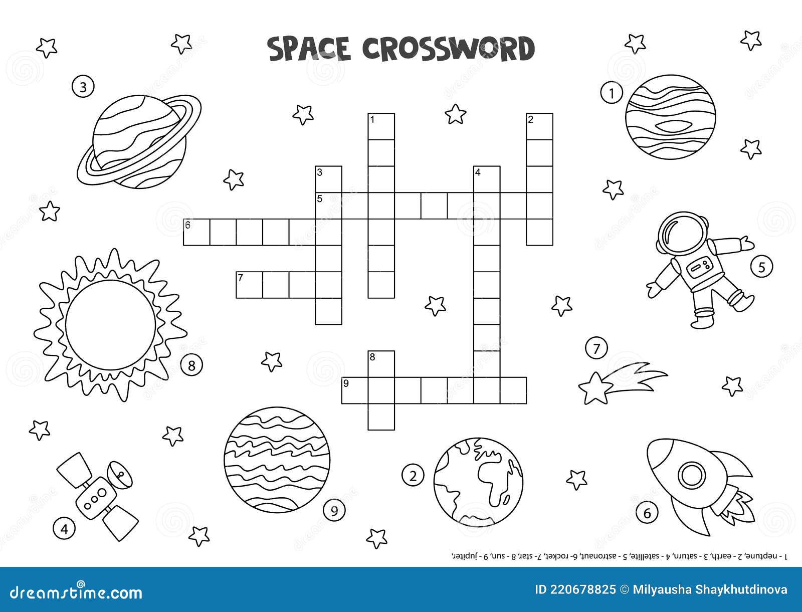 Crucigrama del sistema solar con planetas lindos página de actividades del  espacio en blanco y negro para niños