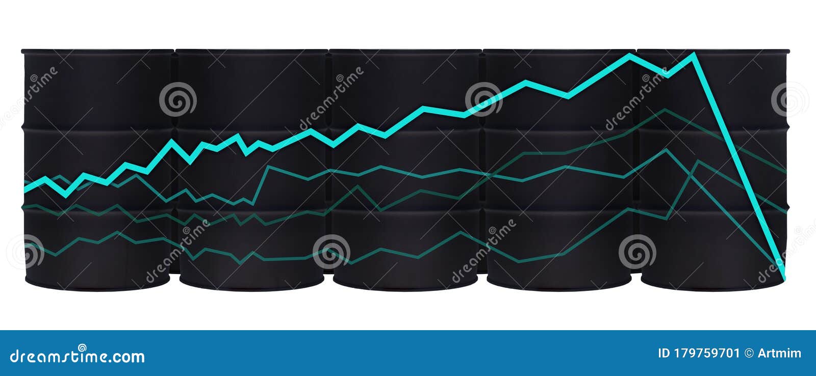 Crude Oil Barrels In Row With Statistics Chart Down Isolated On White