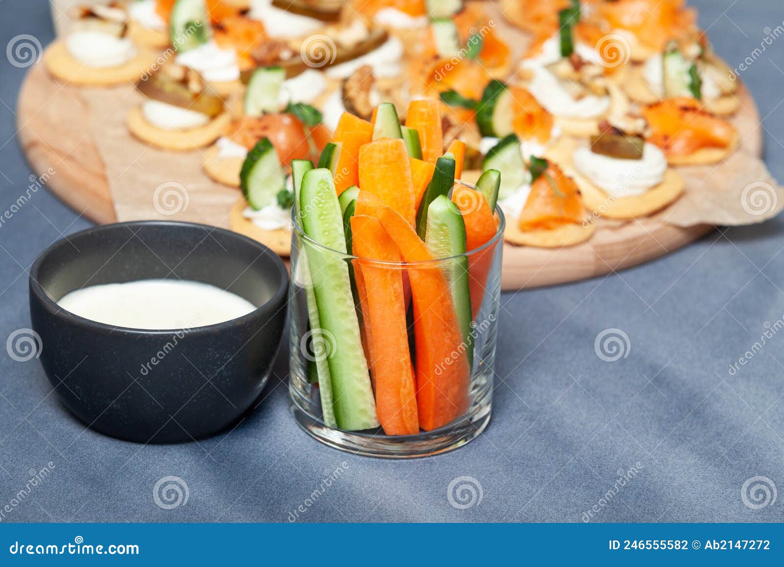 Crudites, Set of Fresh Raw Vegetables Cut into Thin Strips with Cheese