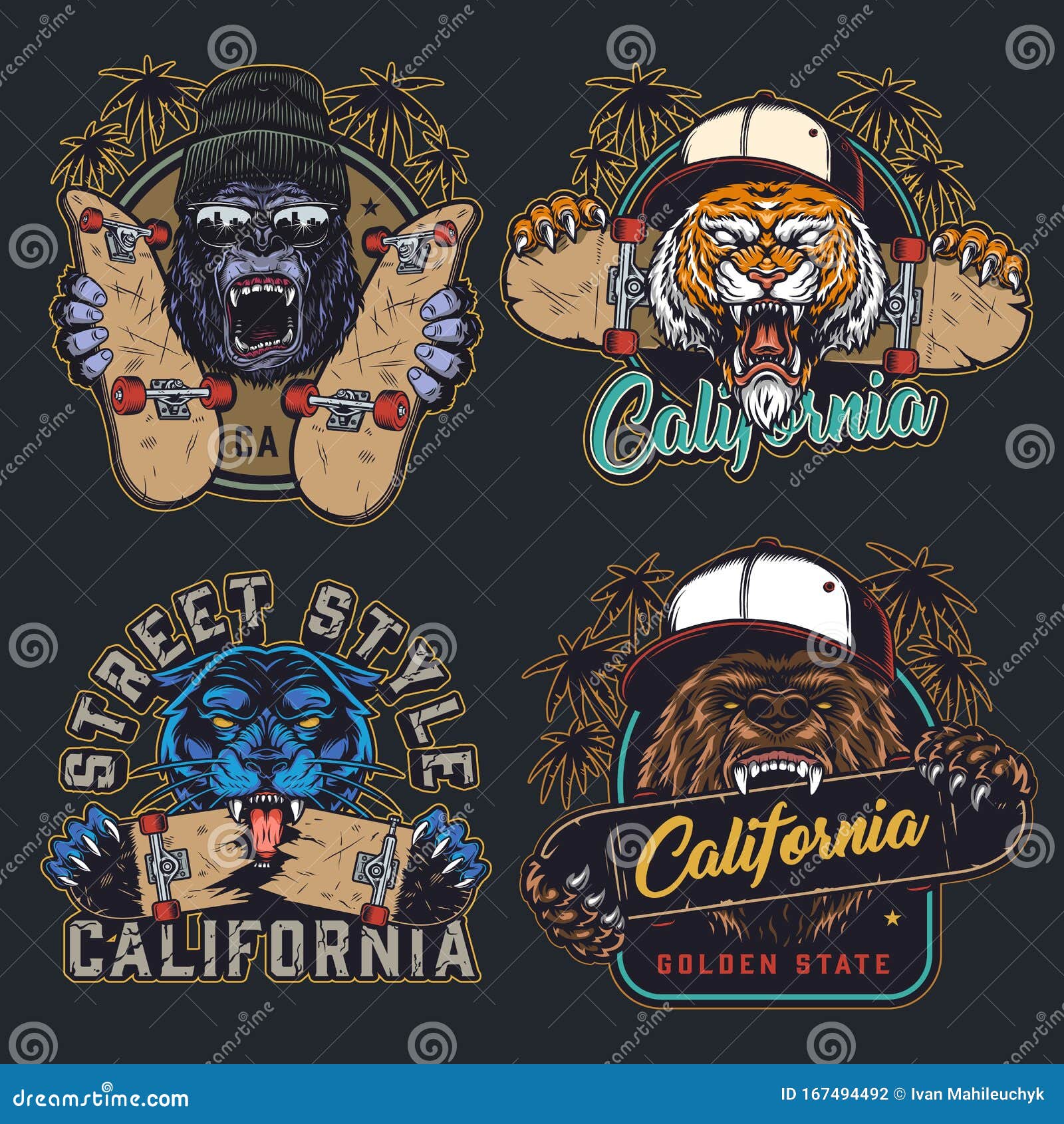 cruel animals and skateboards colorful emblems