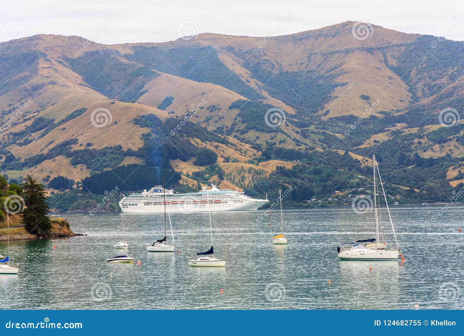 Cruise ship Crown Princess anchored in Akaroa Bay, New Zealand