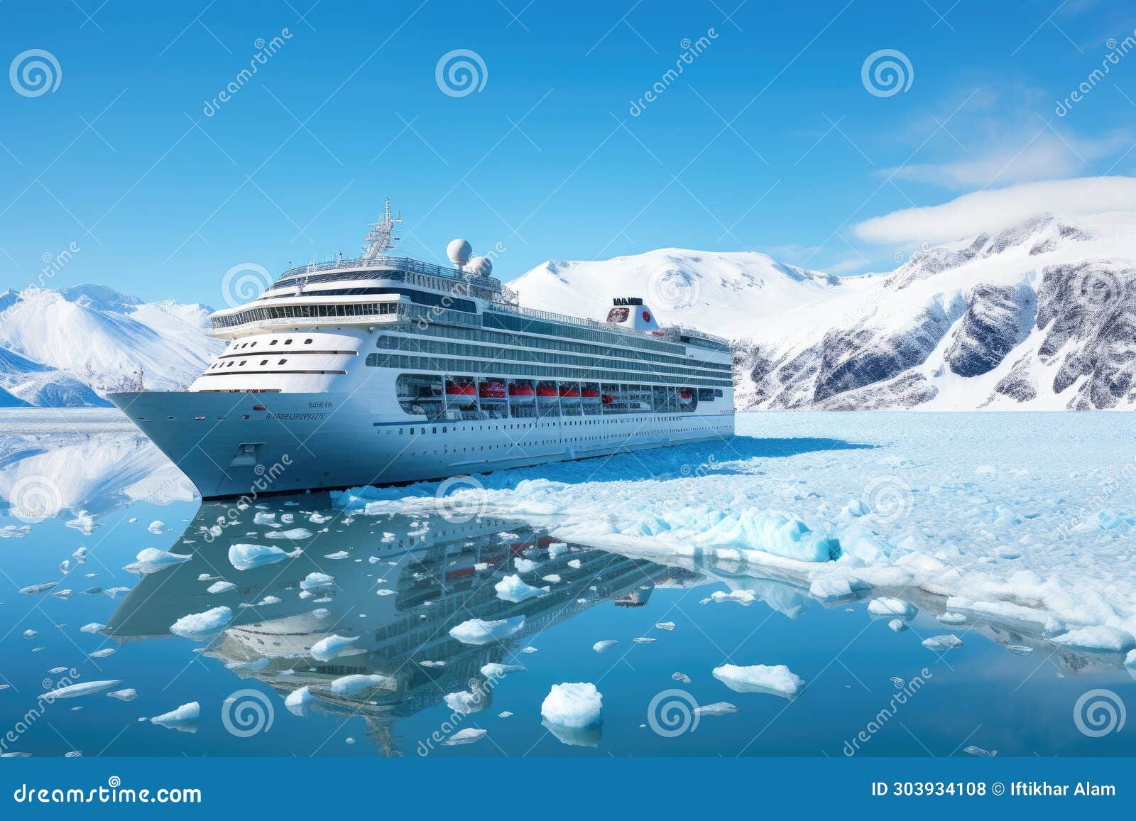 a cruise ship makes its way through a seemingly perilous journey surrounded by icebergs, cruise ship in majestic north seascape