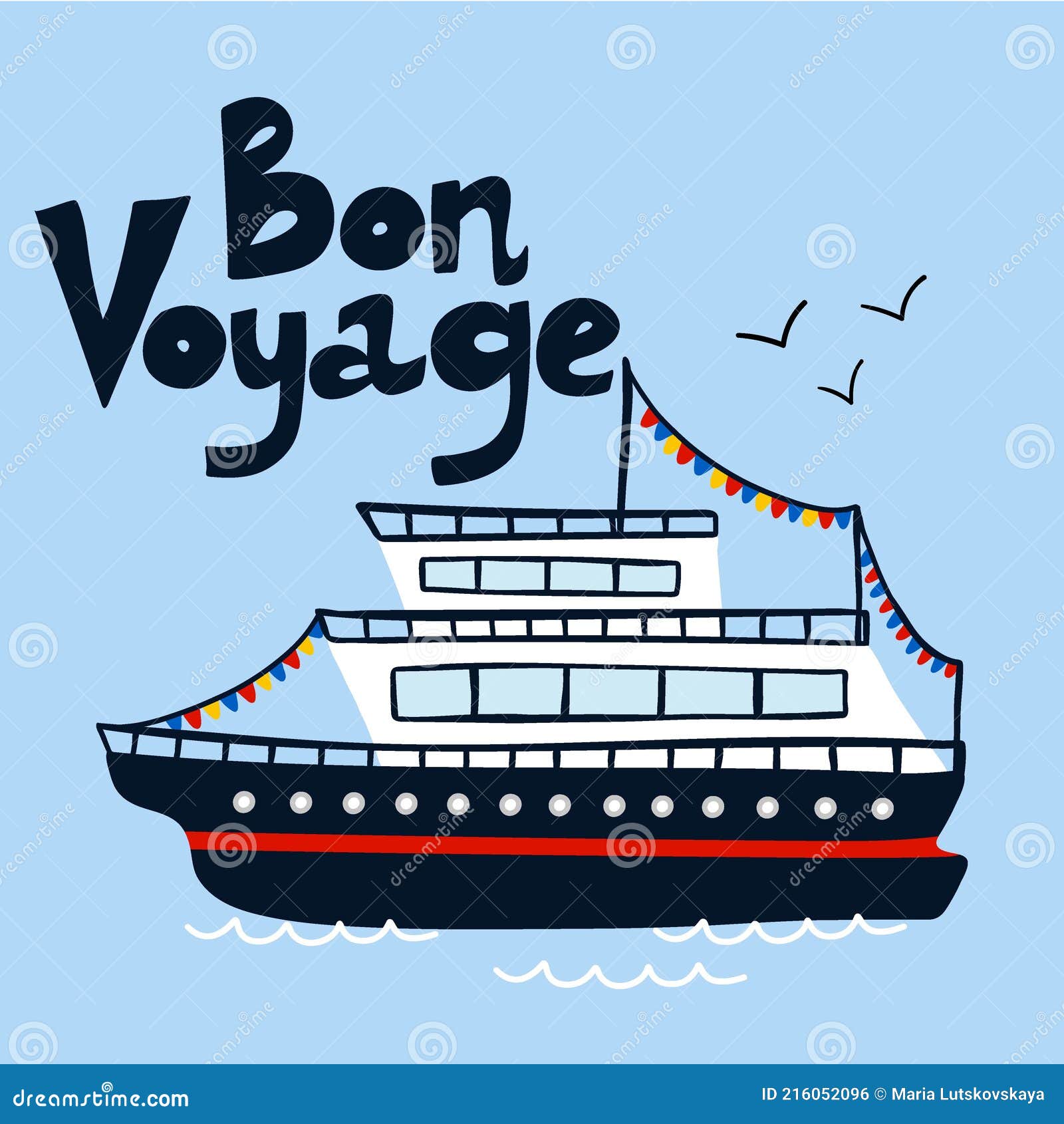 Cruise Ship Poster. Cartoon Hand Drawn Colorful Sail Childish Print or Card  with Lettering, Water Transport Stock Vector - Illustration of colorful,  print: 216052096