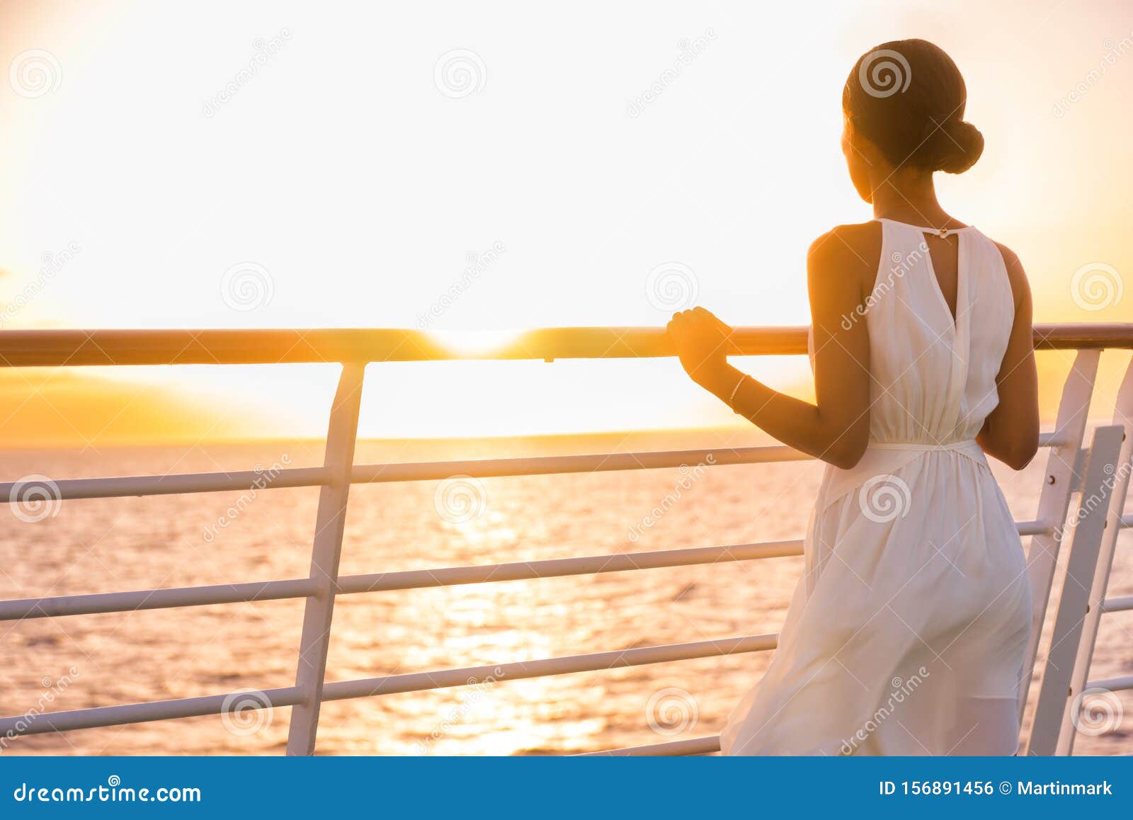 Cruise Ship Vacation Woman Enjoying Sunset On Travel At Sea Elegant