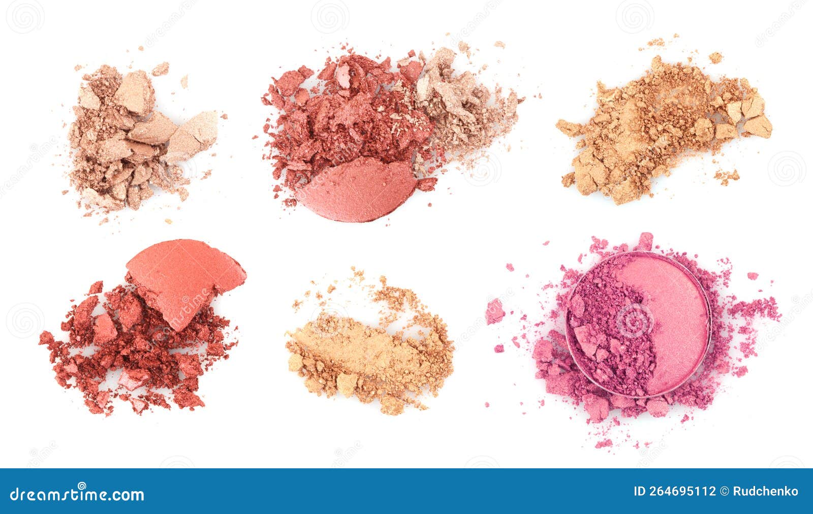 crumble and crushe pearl beige bronze circle eyeshadows, powder. broken cosmetics on white background