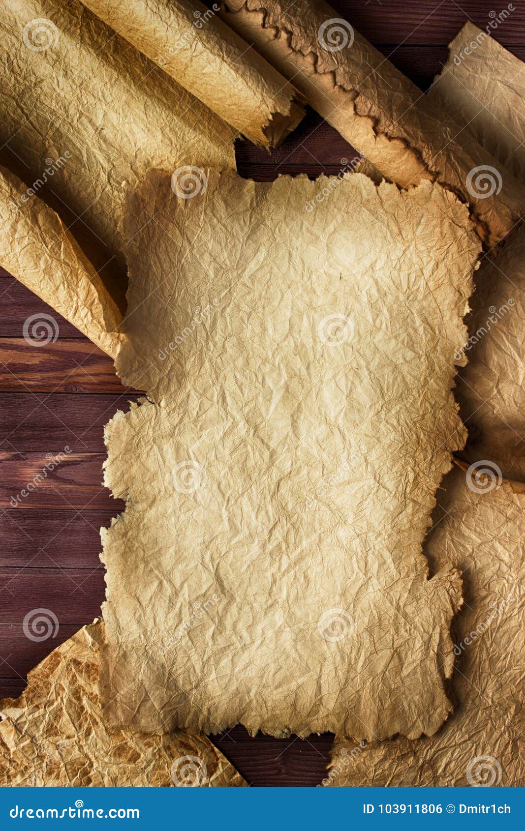 Crumpled Scroll on Wooden Background, Empty Space for Text Stock Photo