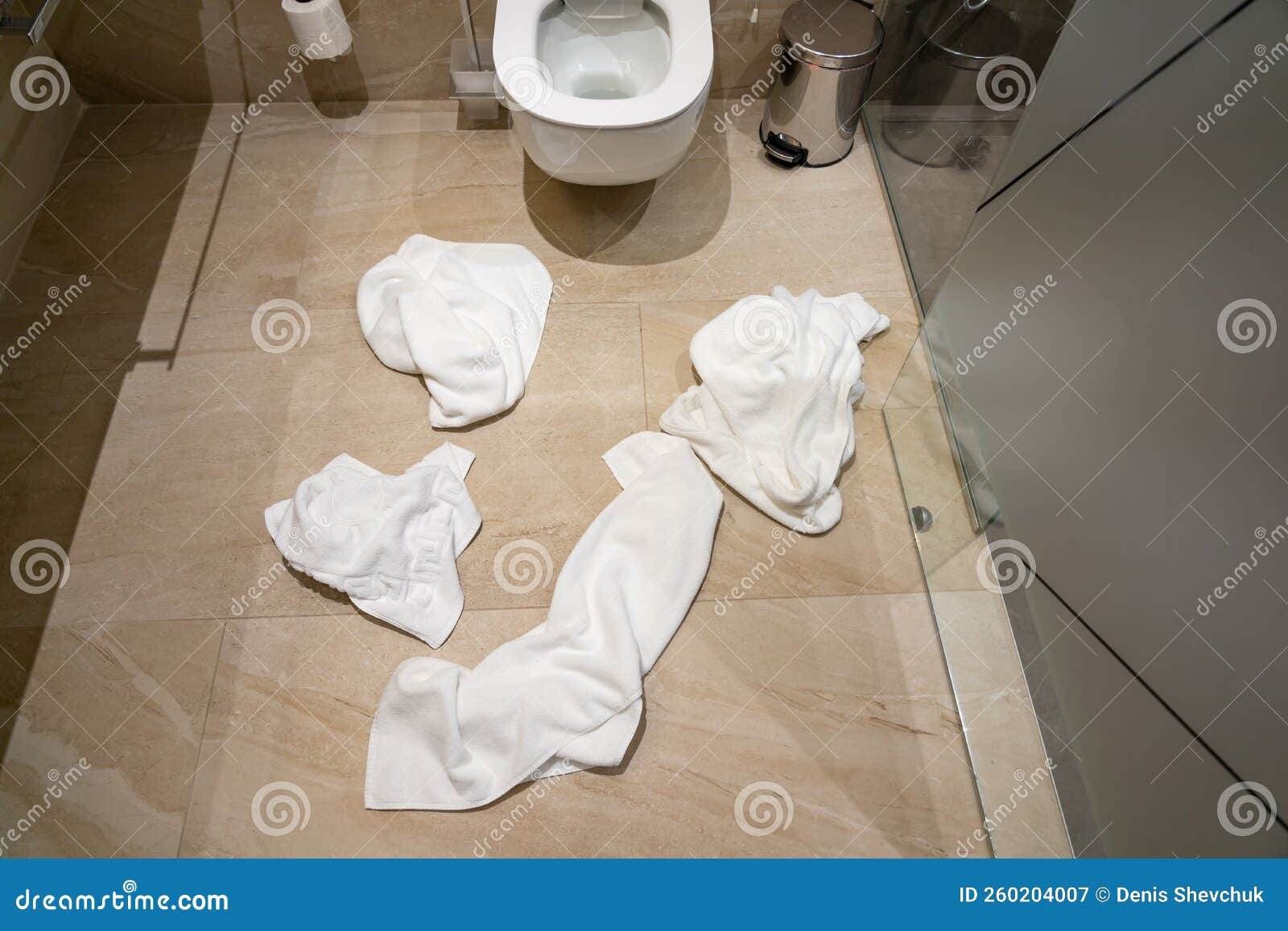 Crumpled Used Towels on the Bathroom Floor Stock Image Image of used
