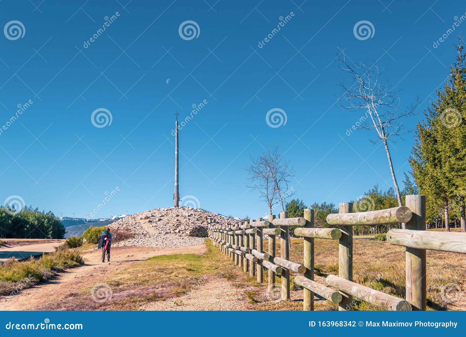 Cruz De Ferro, Spain a Pilgrim Approaching the Iron Cross Cruz De