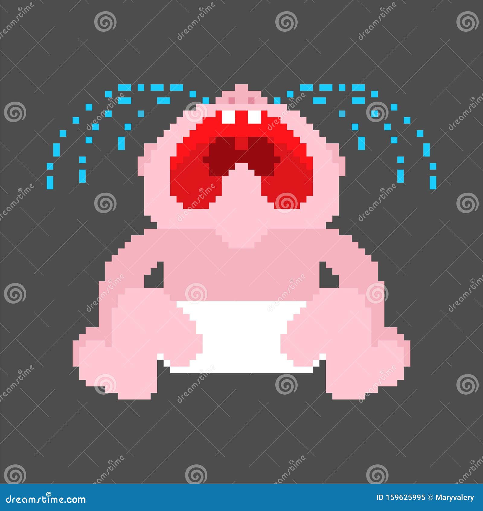 Crying Baby Pixel Art. 8 Bit Little Child Cry. Vector Illustration