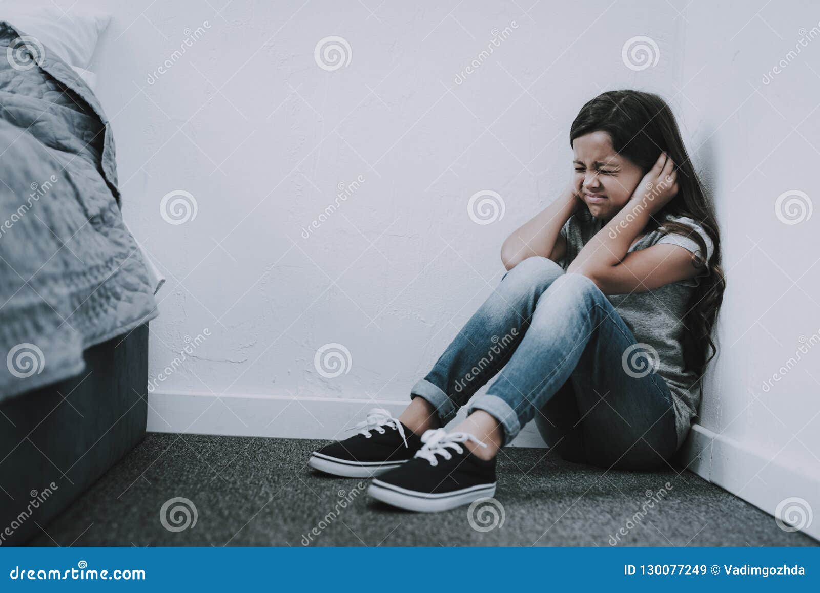 Crying Girl Sits on Floor Closes Ears and Eyes Stock Image - Image ...