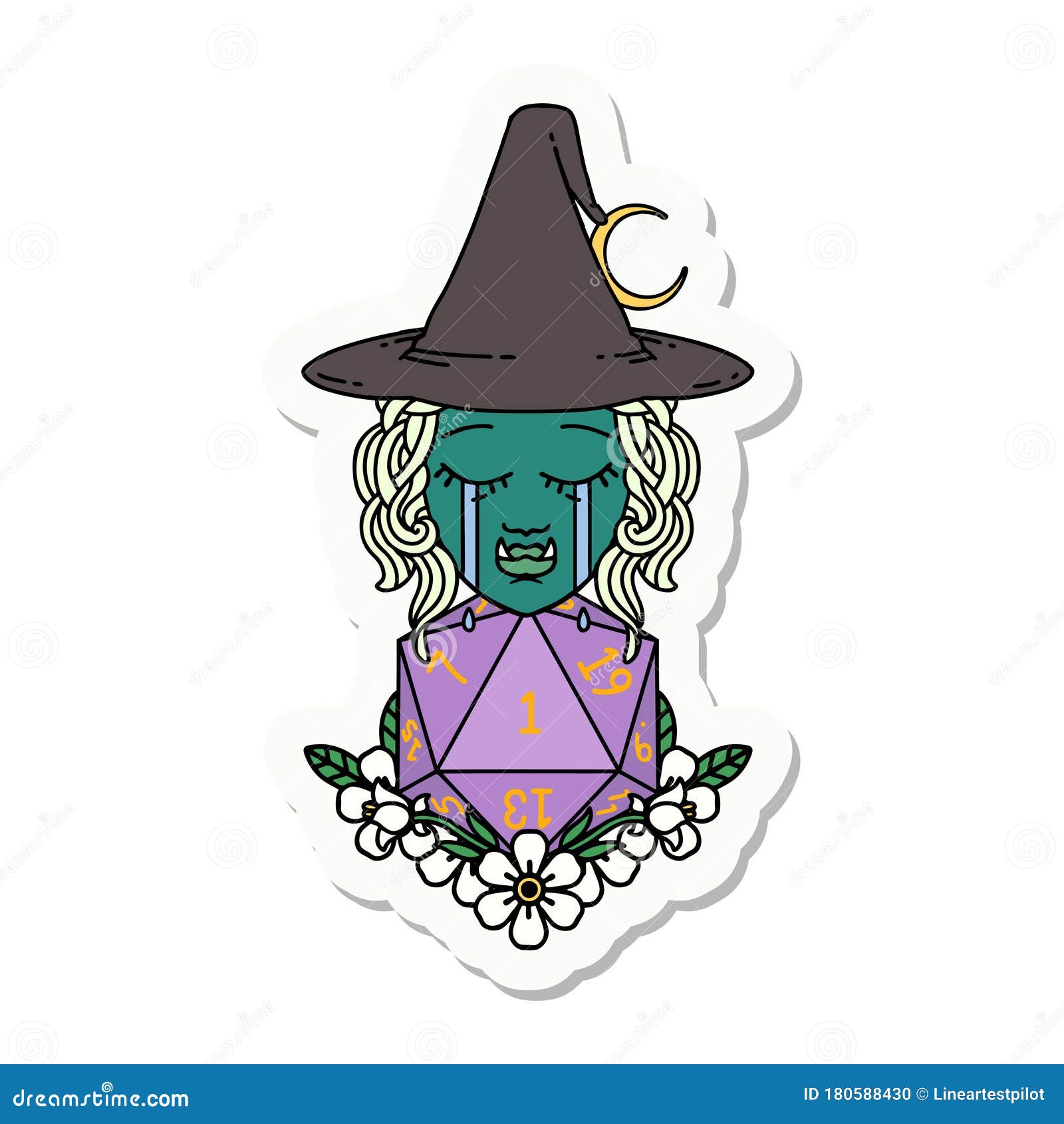 Crying Half Orc Witch with Natural One D20 Dice Roll Sticker Stock