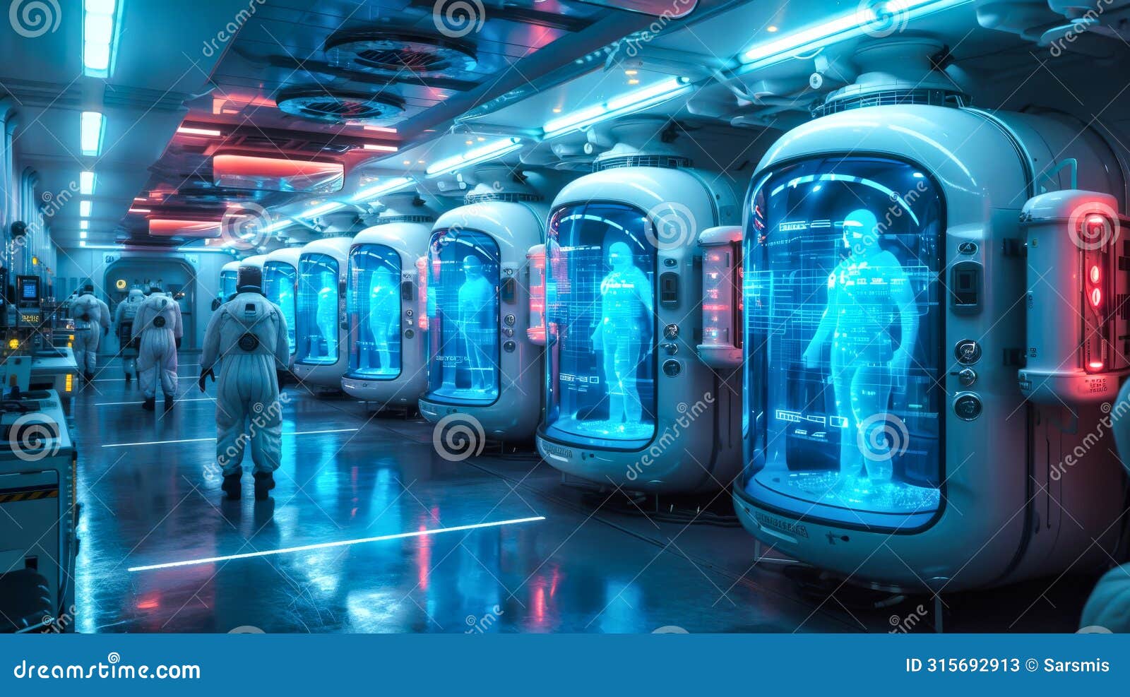 cryogenic chambers for freezing bodies. scientists in protective suits walking through a cryo chamber facility