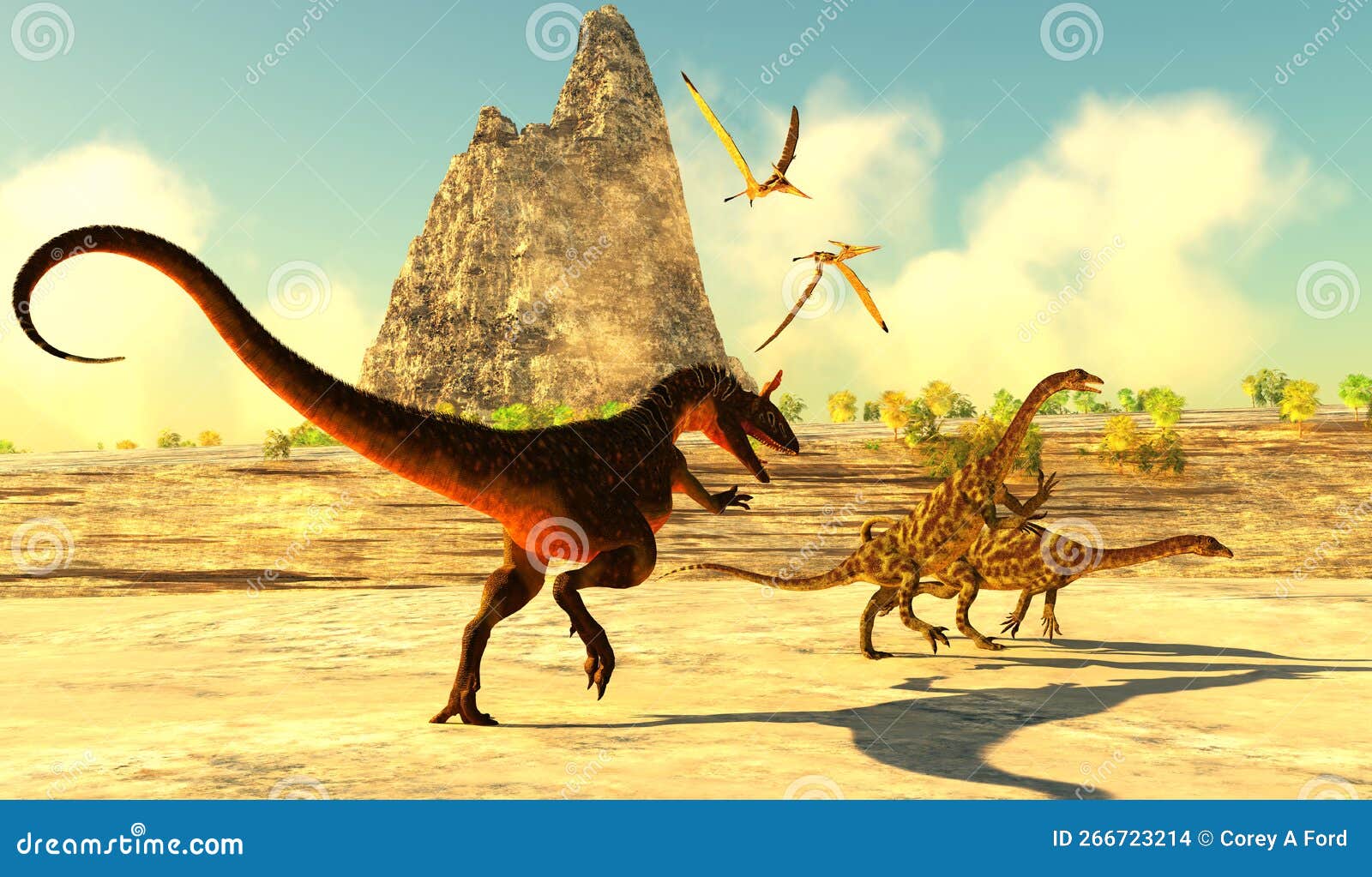 Predator Cryolophosaurus Attacks Anchisaurus Dinosaurs Stock Photo